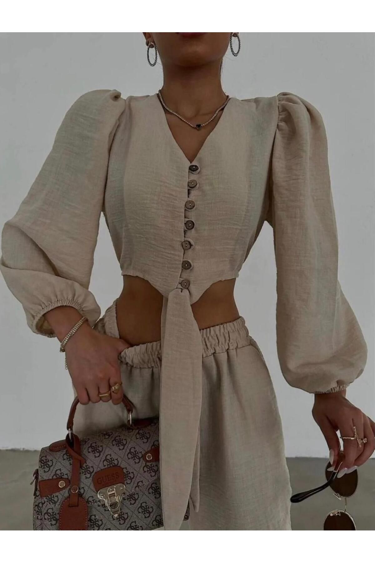 MODA Taş Renk Keten Alt Üst Takım