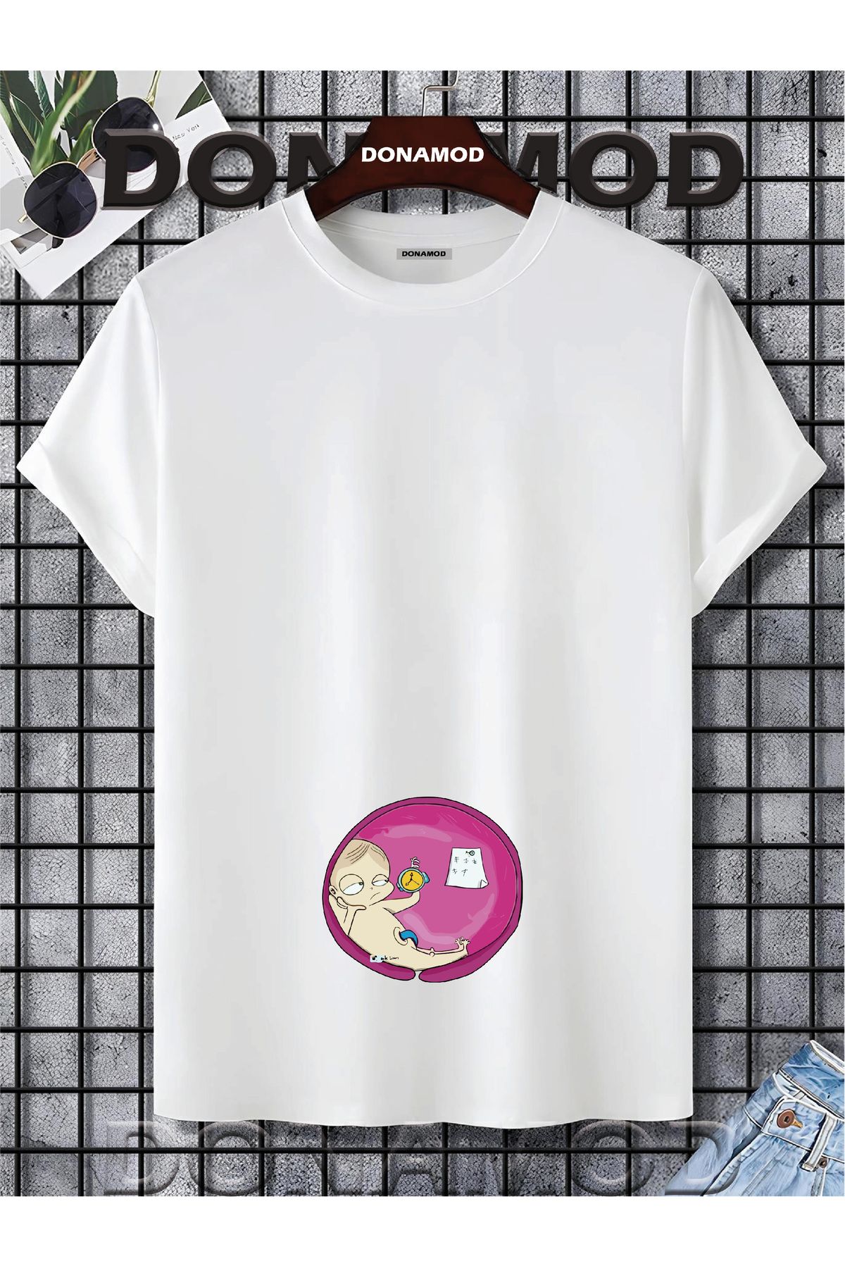 donamod Siyah Beyaz Unisex Kısa Kollu Oversize Geniş Kalıp Hamile Bebek Anne Hediye Tasarımlı Tişört T shirt