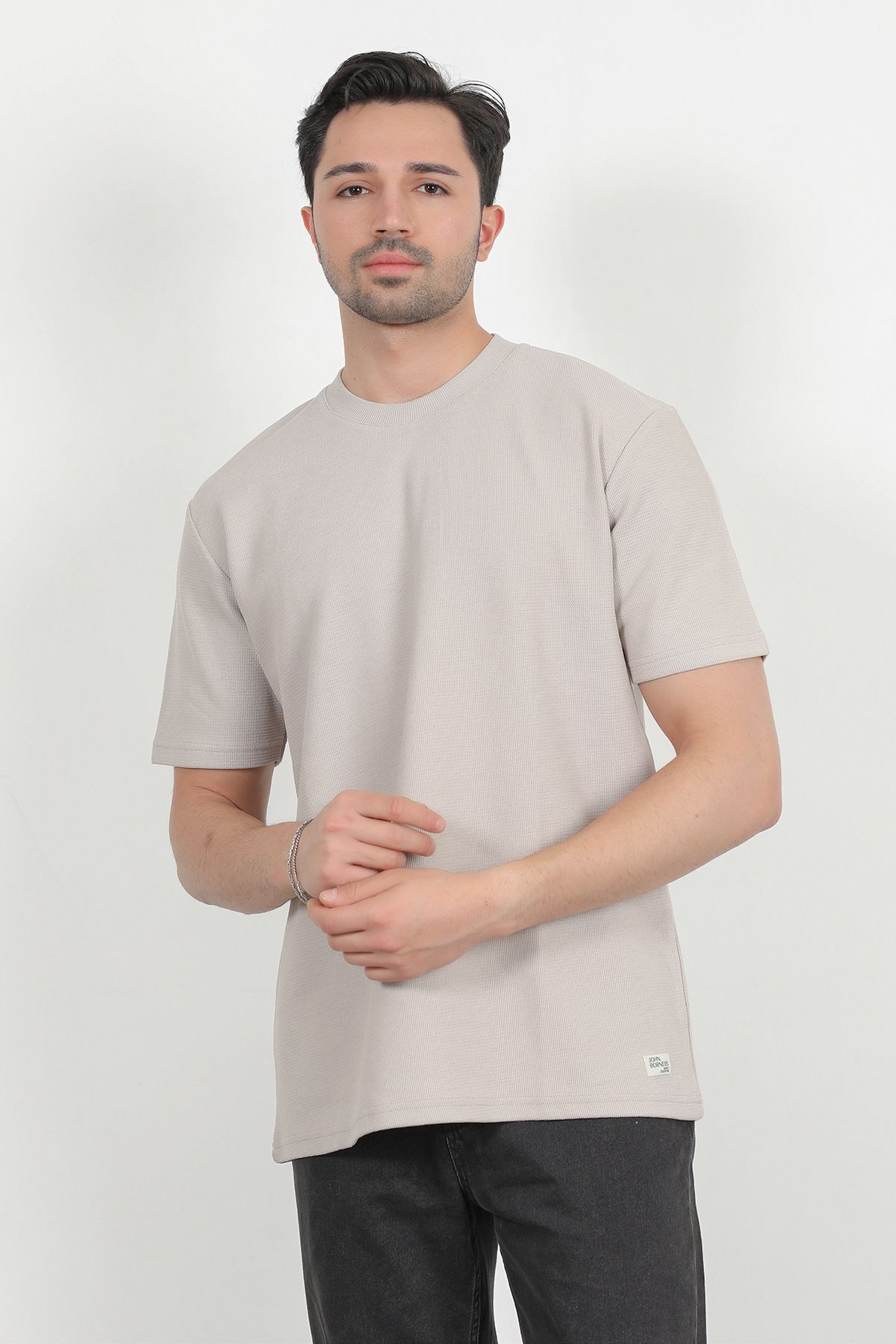JB John Borners Erkek Bisiklet Yaka Pamuklu Dokulu Oversize T-Shirt Taş - 2917