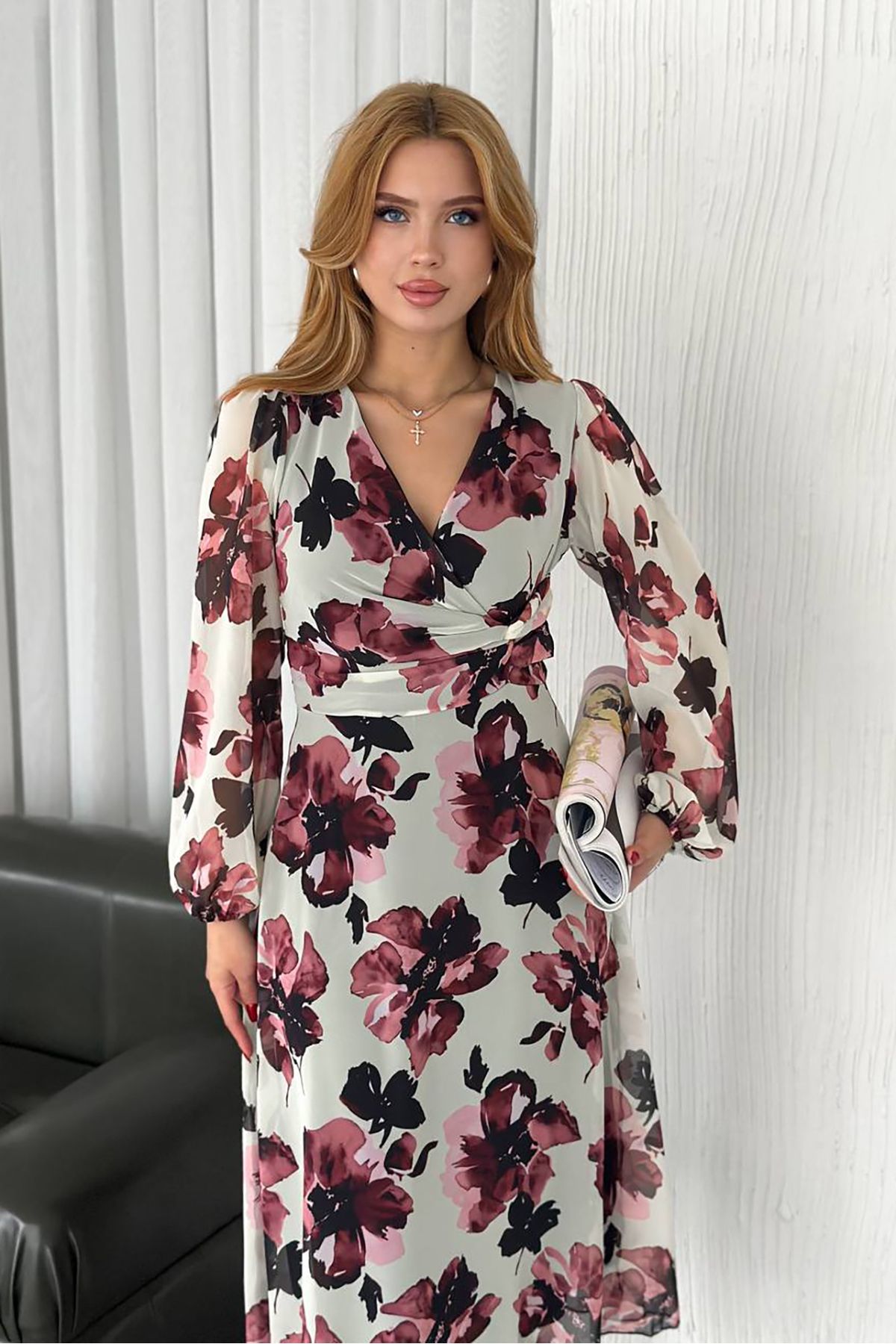 XXL BUTİK XXL Butik kadın çiçek desenli midi boy astarlı şifon elbise X-NBK30441