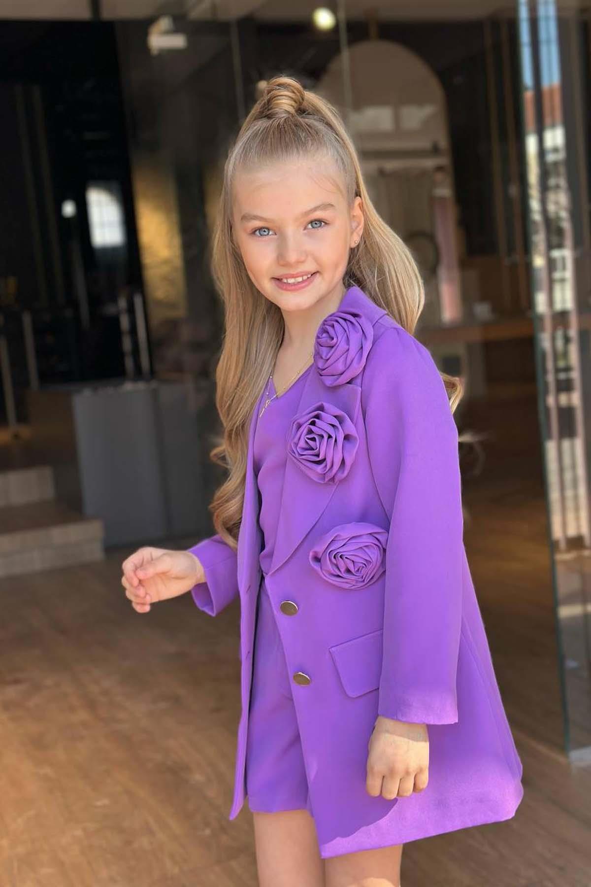 Riccotarz-Girl's Gold Buttoned and Rose Brooch Blazer Jacket Suspender Combed Cotton Blouse Purple Shorts Suit 2