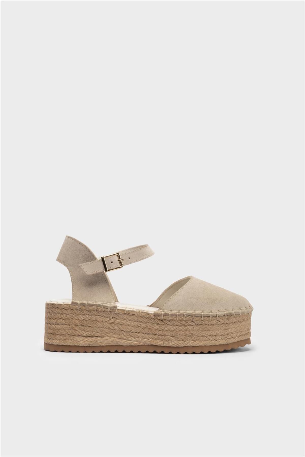 Milaura KADIN KREM SÜET ESPADRİL  DERİ SANDALET 20462