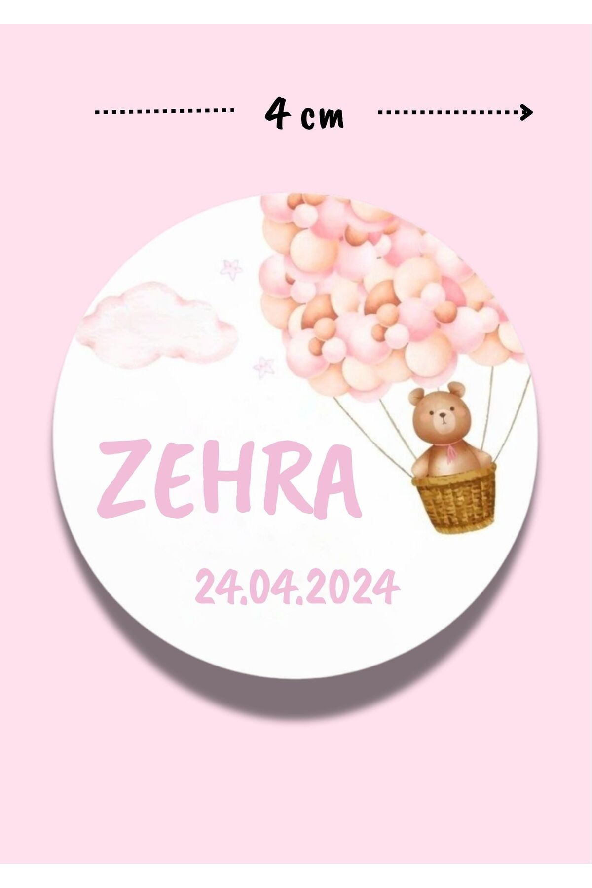 alışveriş kurdu İsimli Bebek Etiketi Sticker- Mevlüt Doğum Günü Etiketi 4x4 cm 100 Adet - Kız Pembe Balonlu Ayıcık