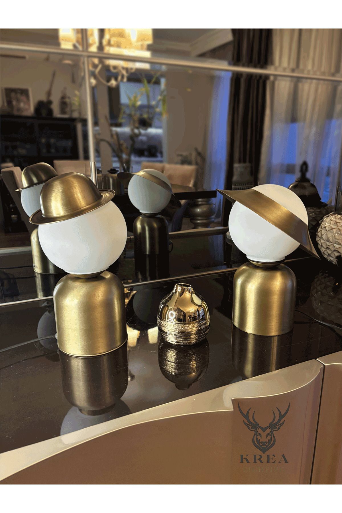 Krea Lighting 2'li Eskitme Metal Şapkalı Glop Top Camlı Şık Abajur Takım