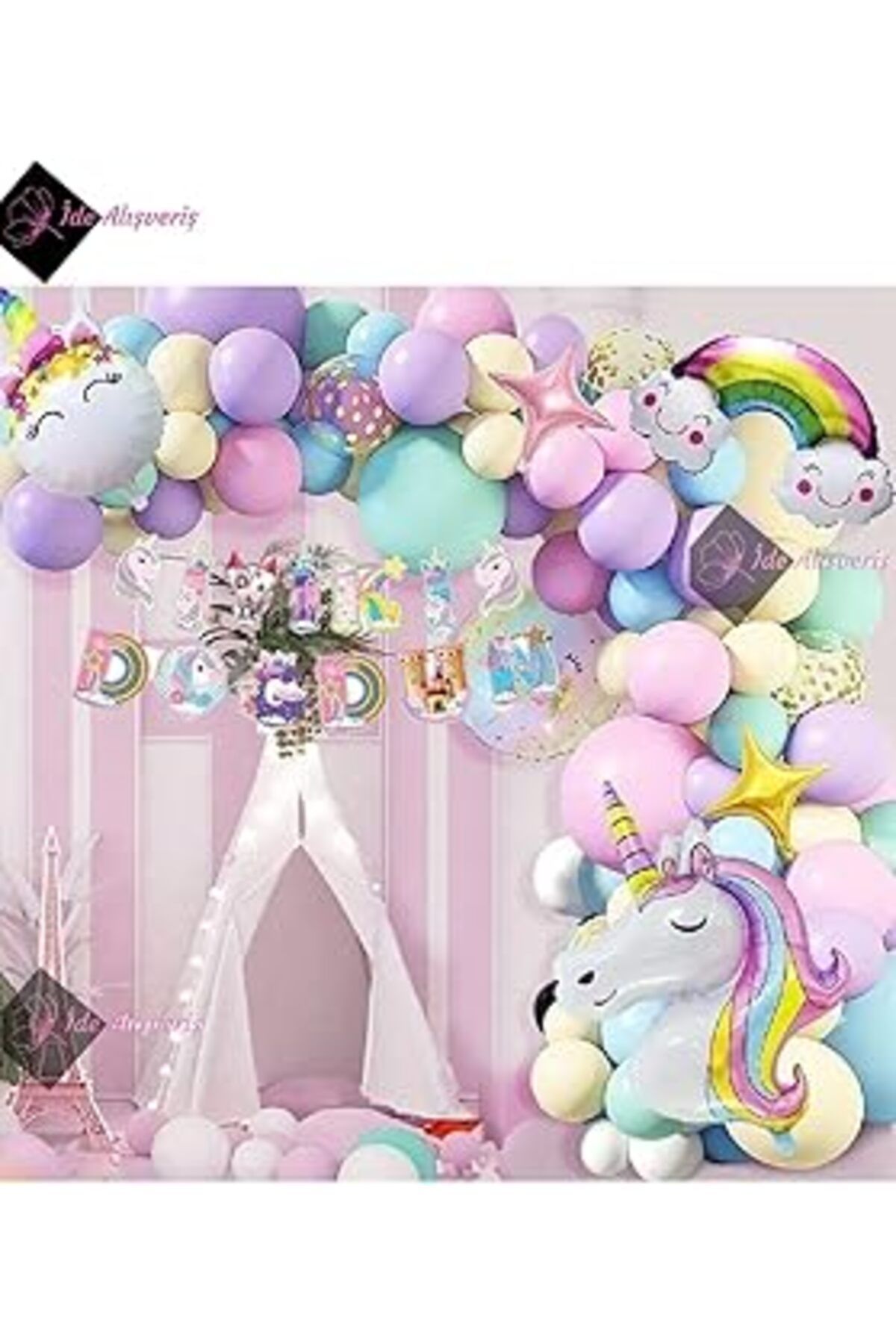 karadağsb Bkmc Karakterli Unicorn Temalı İyi Ki Doğdun Makaron Balon Doğum Günü Parti Kutlama Seti Bmcnm514