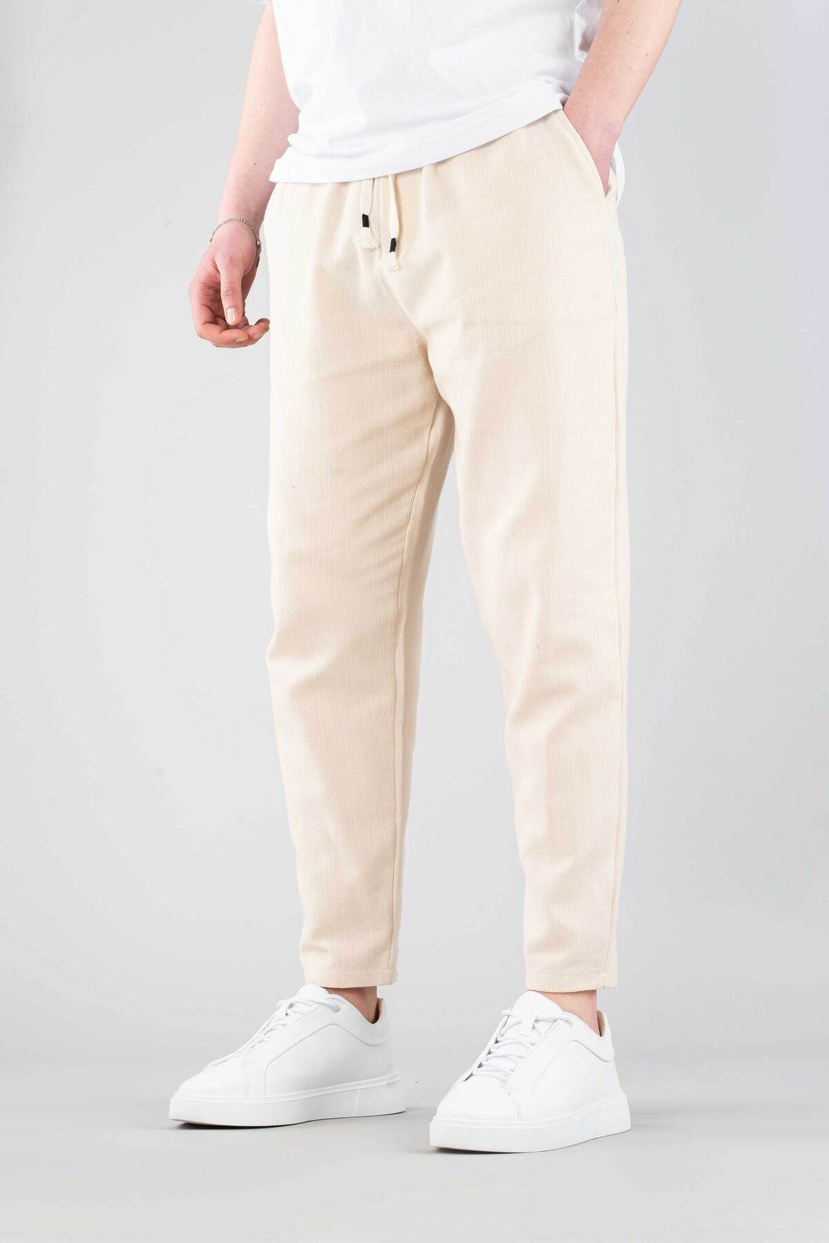 bombe-Men's Beige Casual Linen Boyfirend Pants Elastic Waist Drawstring Jogger Trousers 2