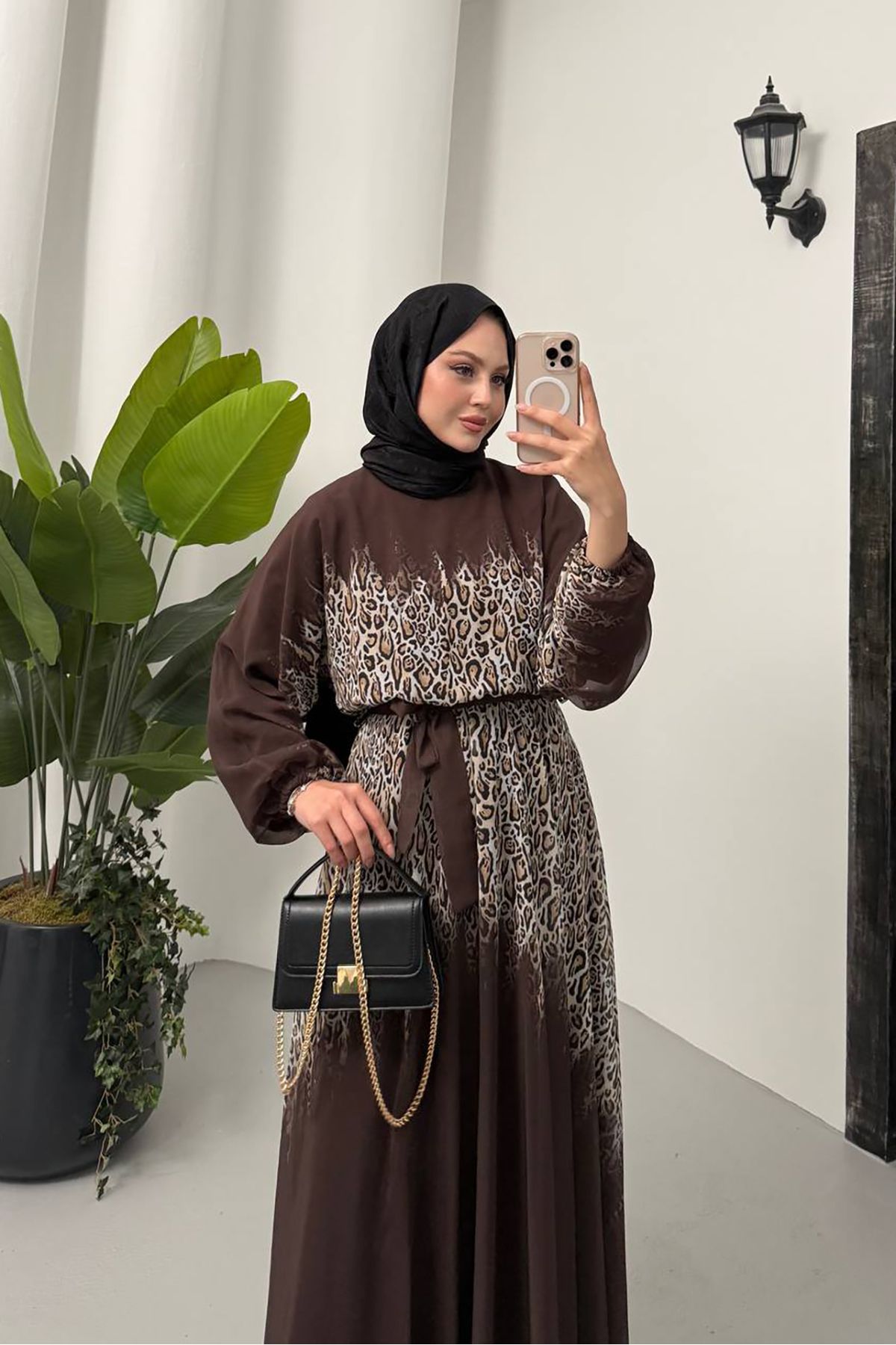 XXL BUTİK XXL Butik kadın şifon kumaş kuşaklı kayık yaka tesettür elbise X-NMS055