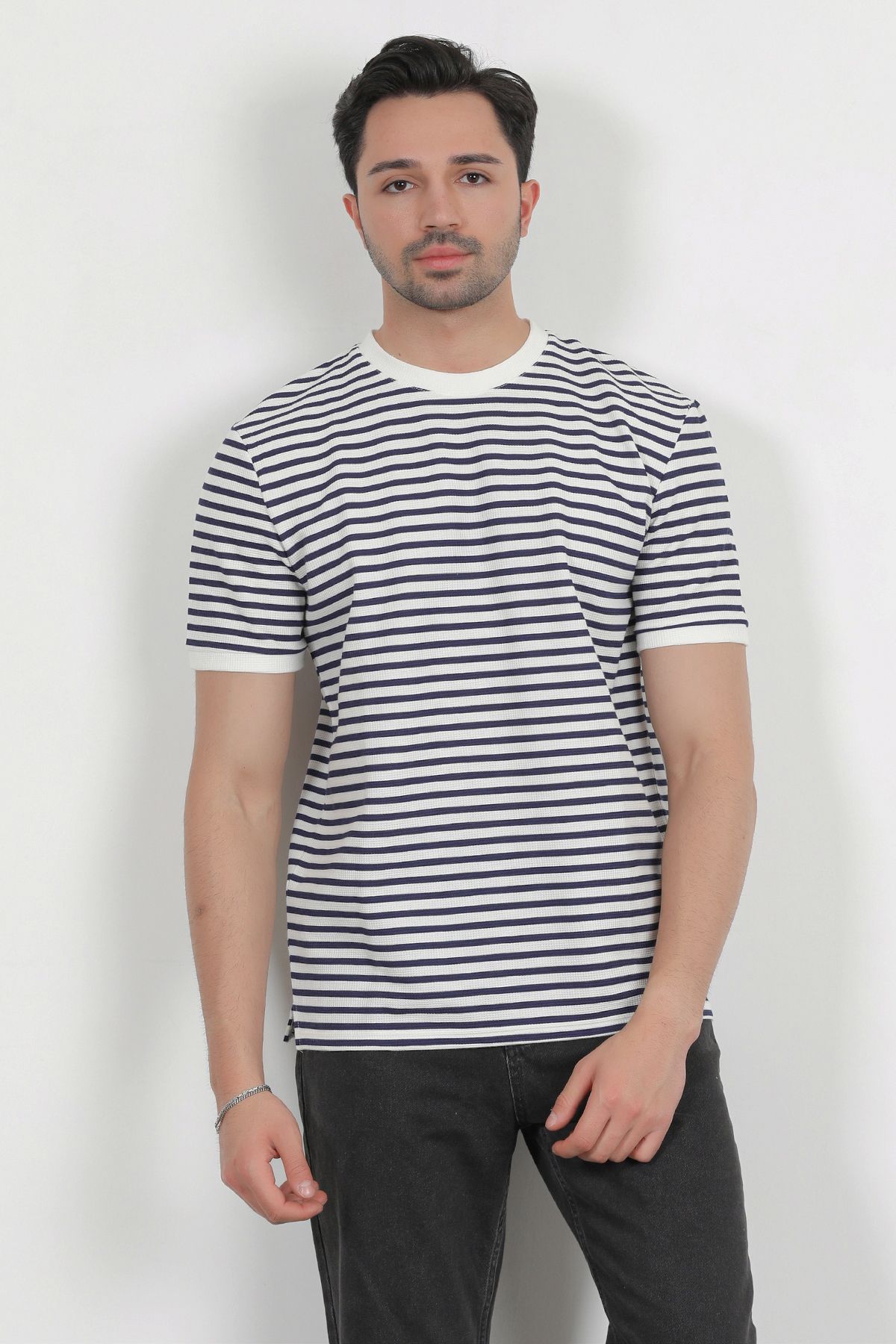 JB John Borners Erkek Bisiklet Yaka Kısa Kol Çizgili T-Shirt Lacivert - 3004