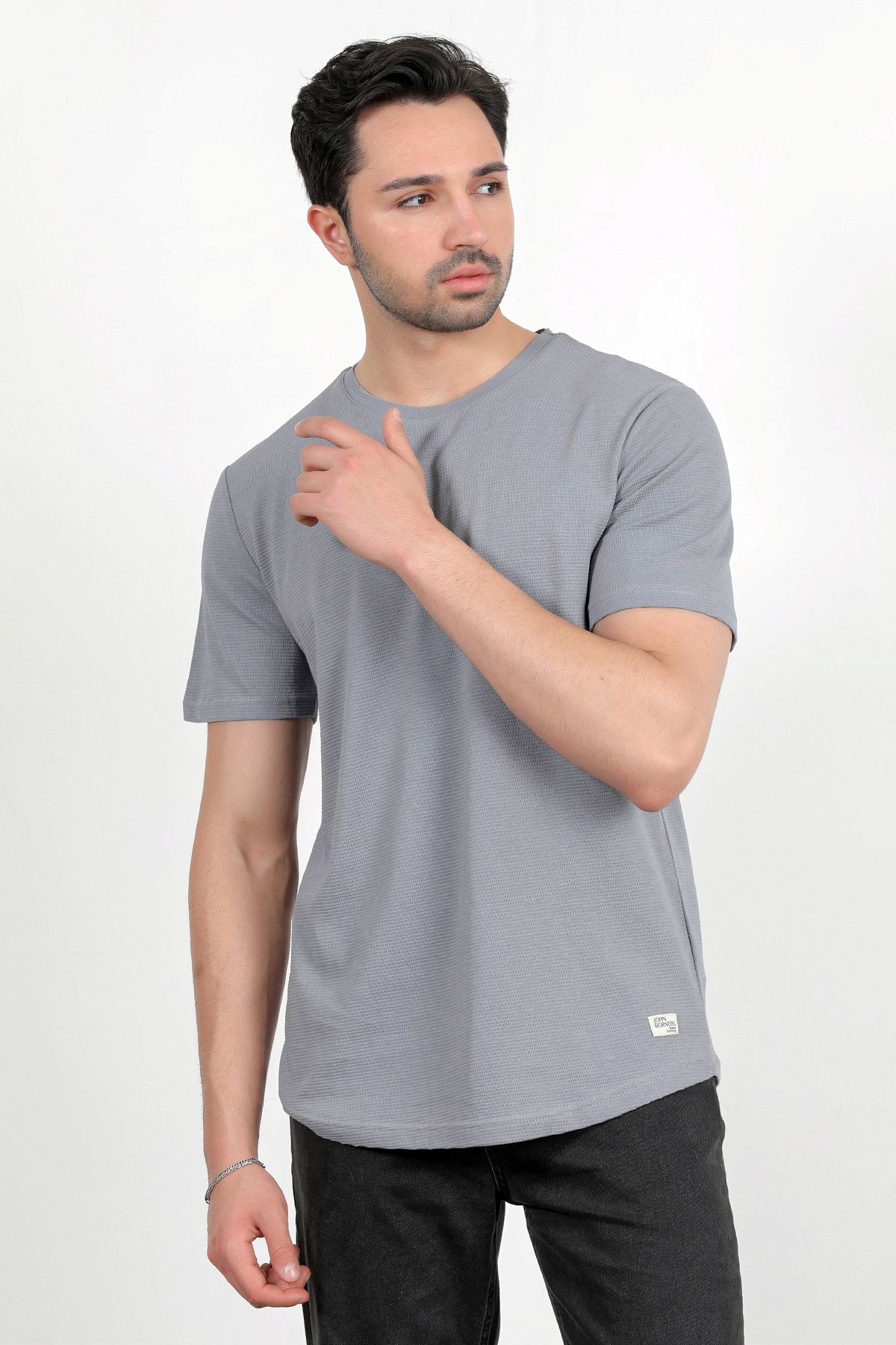 JB John Borners Erkek Bisiklet Yaka Etiket Detaylı Dokulu T-Shirt Açık Gri - 2743