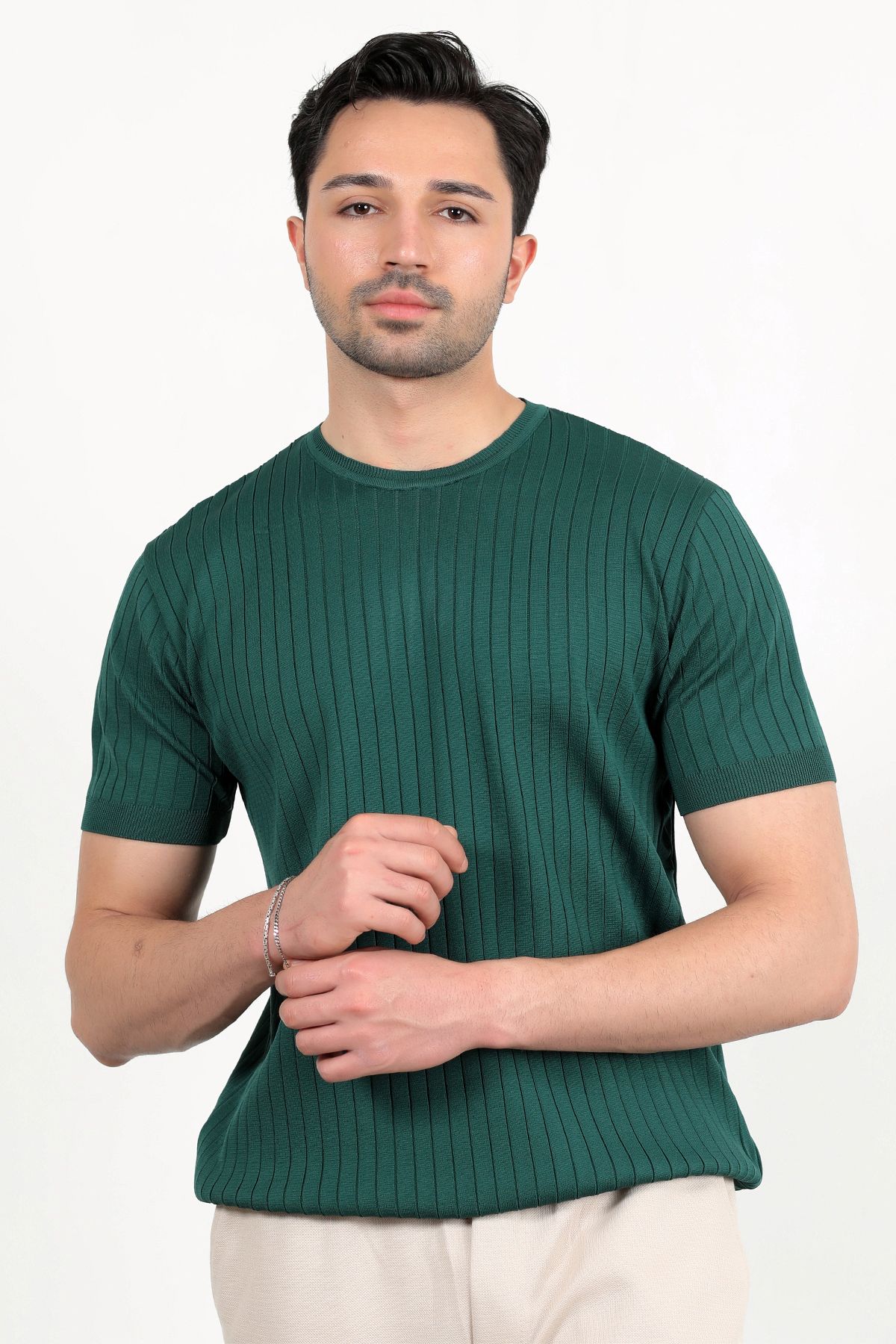 JB John Borners Erkek Bisiklet Yaka Kısa Kol Fitilli Triko T-Shirt Yeşil - 2502