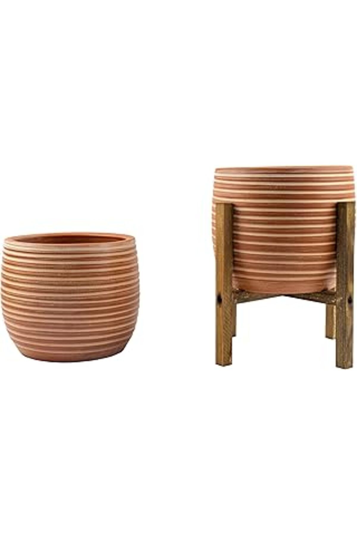 Mu Art Ahşap Bitki Tasarımı Ev Dekorasyon Yan Çizgi Desenli Toprak Saksı Saksılık Salon Çiçeklik İkili Set Ayaks