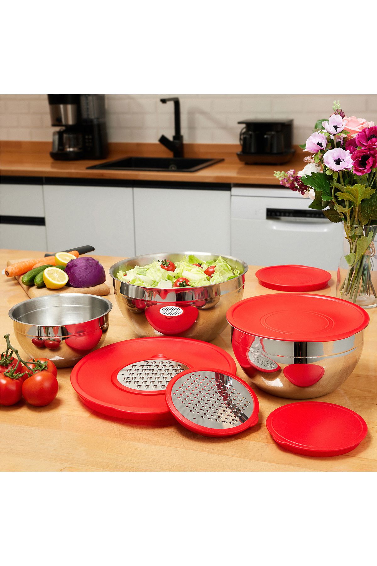 TEC-X Rosso 9 Prç. Saklama Kabı Rendeli Kırmızı (16 cm , 20 cm , 24 cm)