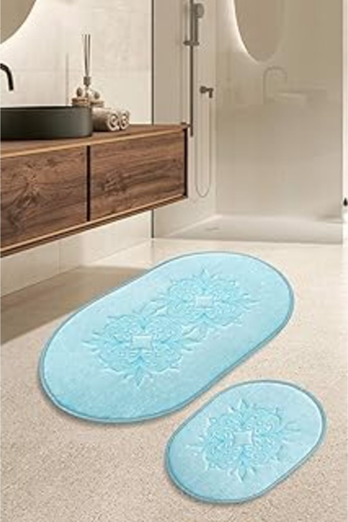 karadağsb İkinciten Banyo Klozet Paspası Halısı 2'Li Takım Kaymaz Yıkanabilir 100X60-60X50 Mavi