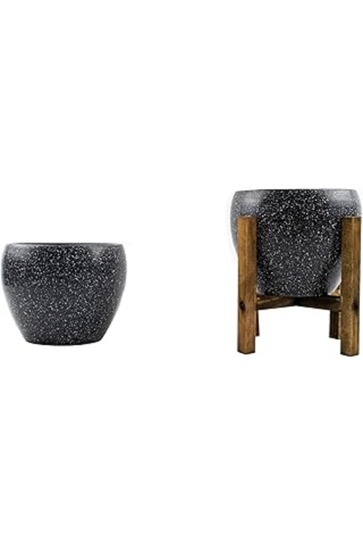Mu Art Ahşap Bitki Tasarımı Ev Dekorasyon Gri Granit Toprak Saksı Saksılık Salon Çiçeklik İkili Set Ayaksız - 4
