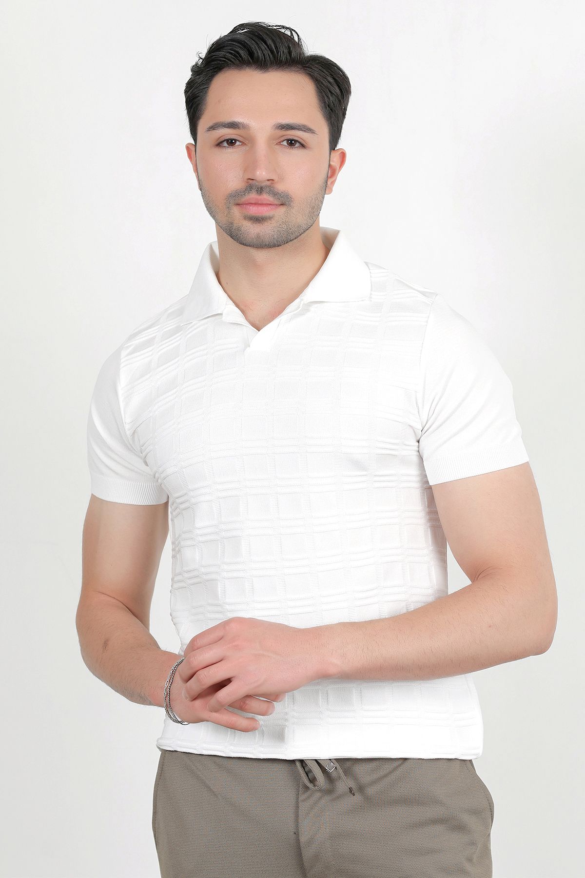 JB John Borners Erkek Polo Yaka Kısa Kol Dokulu Triko T-Shirt Beyaz - 2504