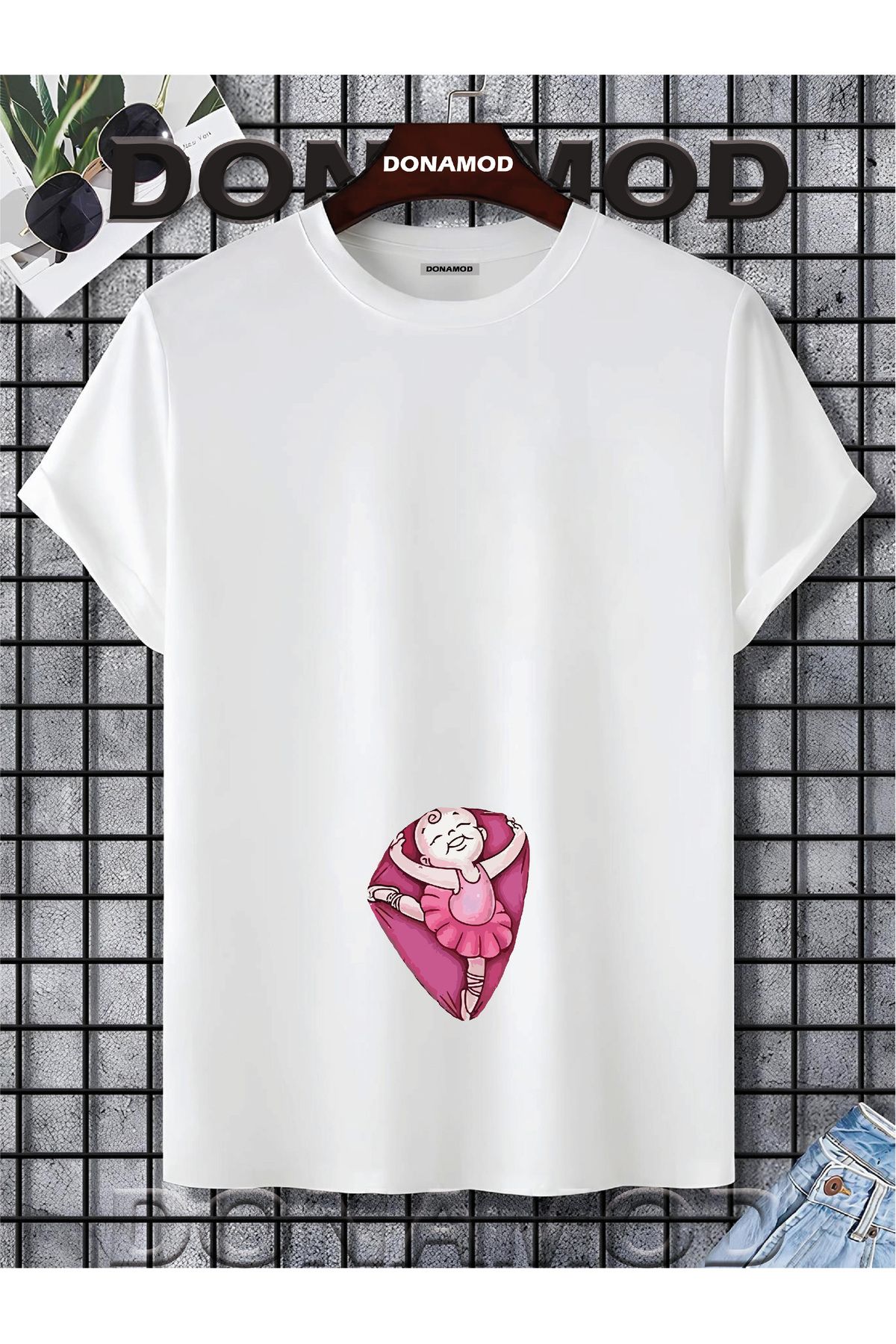 donamod Siyah Beyaz Unisex Kısa Kollu Oversize Geniş Kalıp Hamile Bebek Anne Hediye Tasarımlı Tişört T shirt