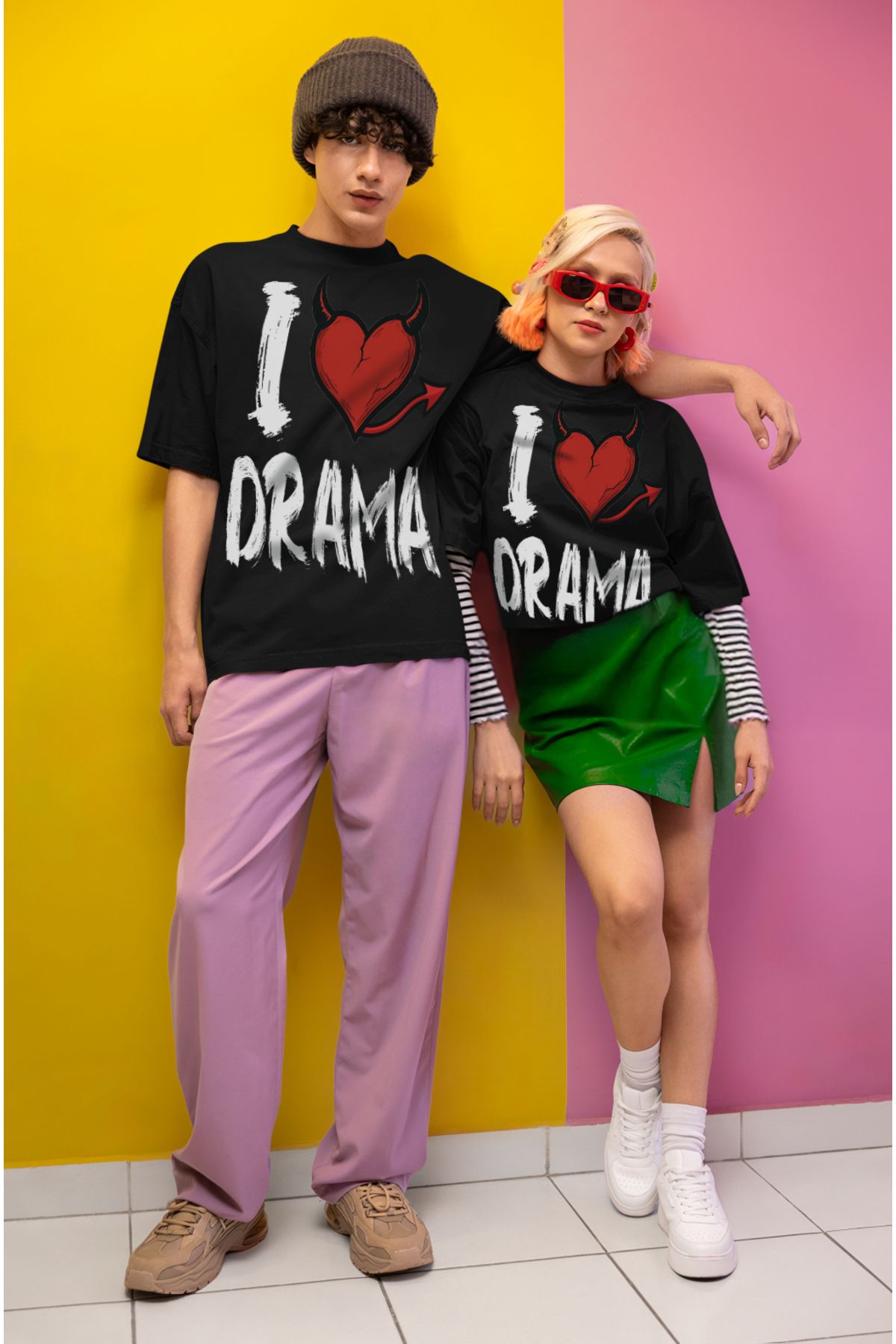 swOzz Siyah Oversize Unisex Yazılı Tişört – I Love Drama Tasarımı | Sokak Stili Baskılı Model