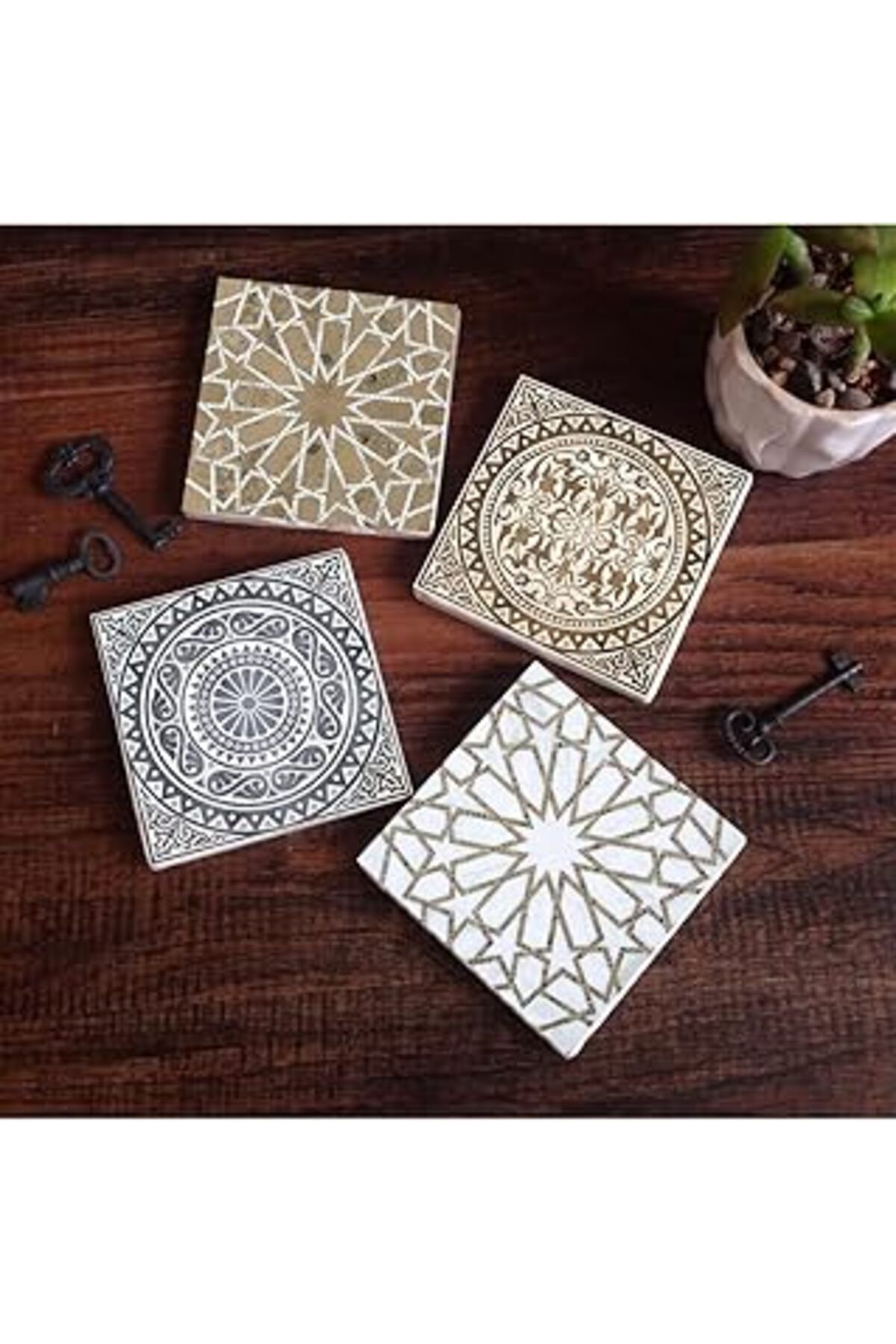 karadağsb Pinecone Etnik Desen Taş Bardak Altlığı Seti - 4 Parça - Dekoratif, Rustik Mutfak Aksesuarı, 10X10