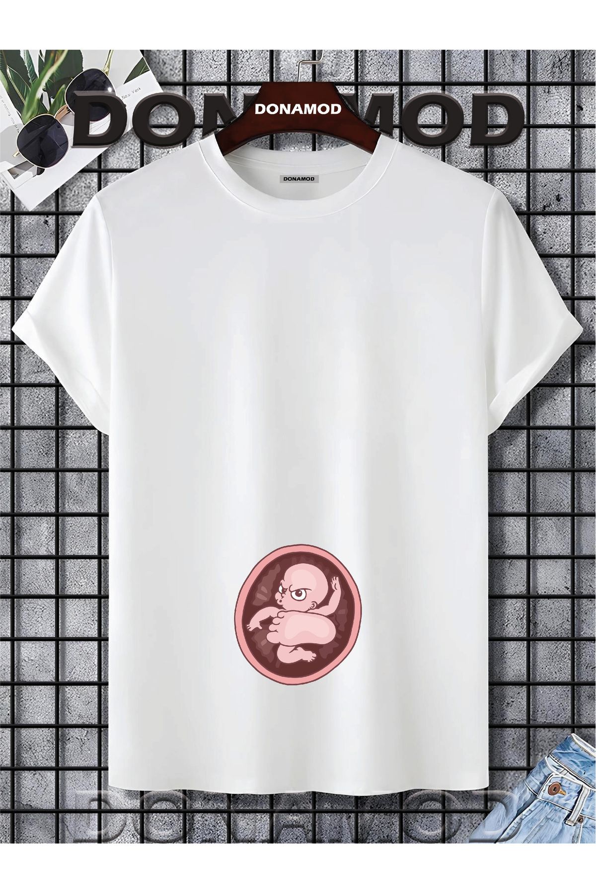 donamod Siyah Beyaz Unisex Kısa Kollu Oversize Geniş Kalıp Hamile Bebek Anne Hediye Tasarımlı Tişört T shirt