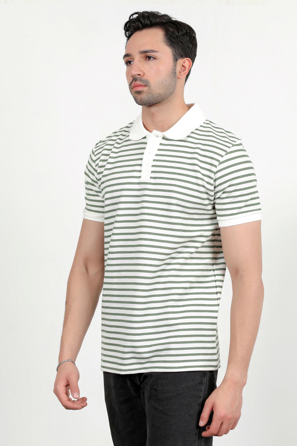 JB John Borners Erkek Polo Yaka Çizgili Kısa Kol T-Shirt Yeşil - 2999