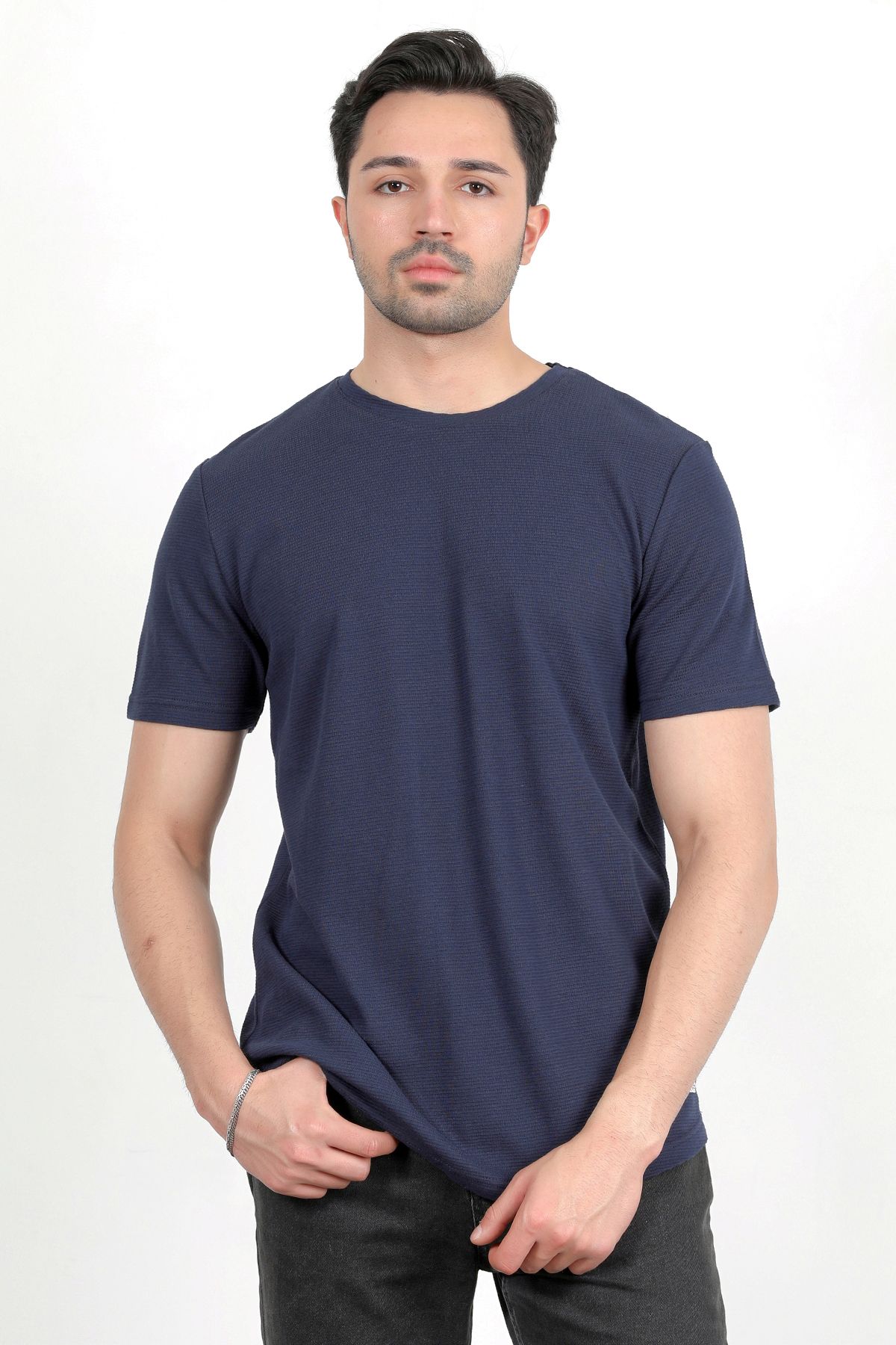 JB John Borners Erkek Bisiklet Yaka Etiket Detaylı Dokulu T-Shirt Lacivert - 2743