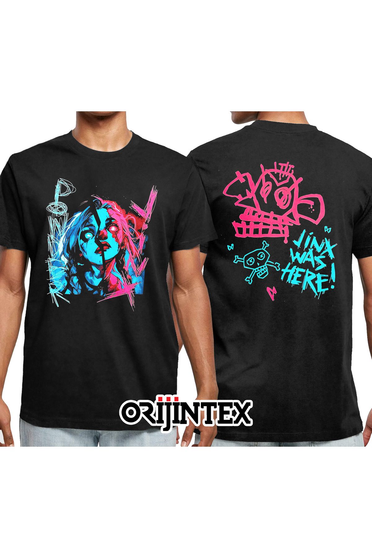 orijintex League of Legends Arcane Jinx Ön Arka Baskılı Unisex Siyah Tshirt