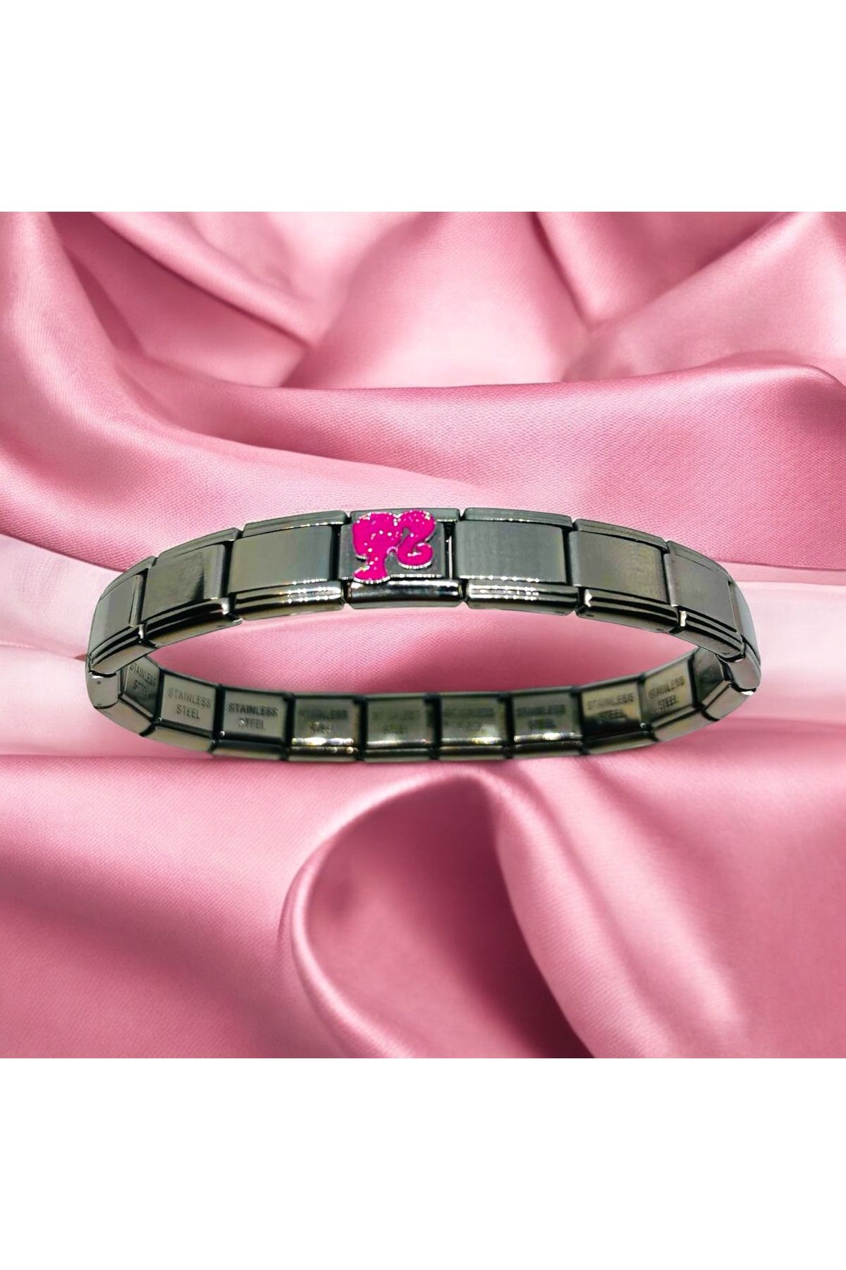 MeSin Store PEMBE KIZ SİLÜET CHARM İTALYAN ÇELİK BİLEKLİK