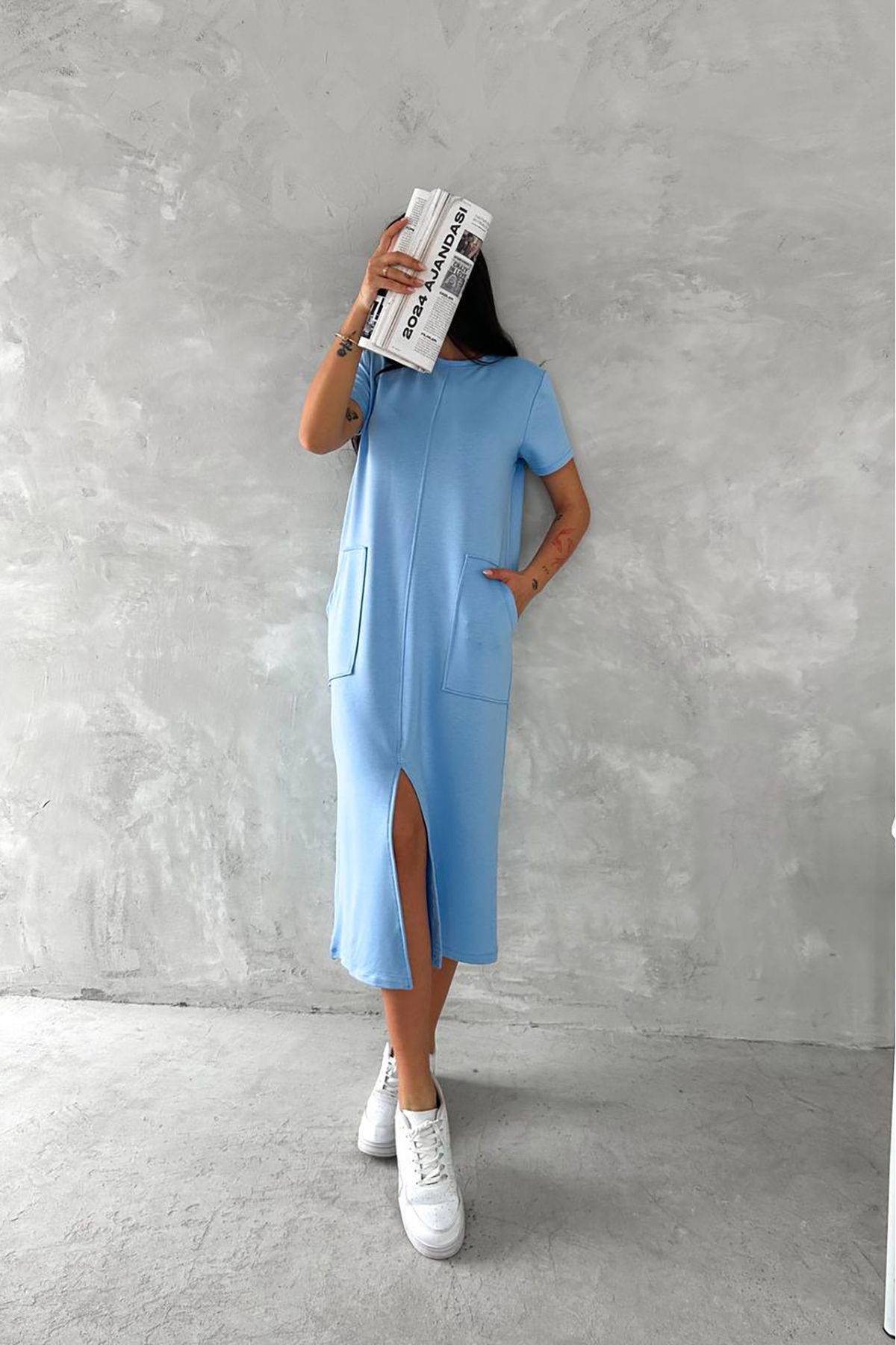 XXL BUTİK XXL Butik kadın yazlık bisiklet yaka pamuklu elbise X-NBTG004