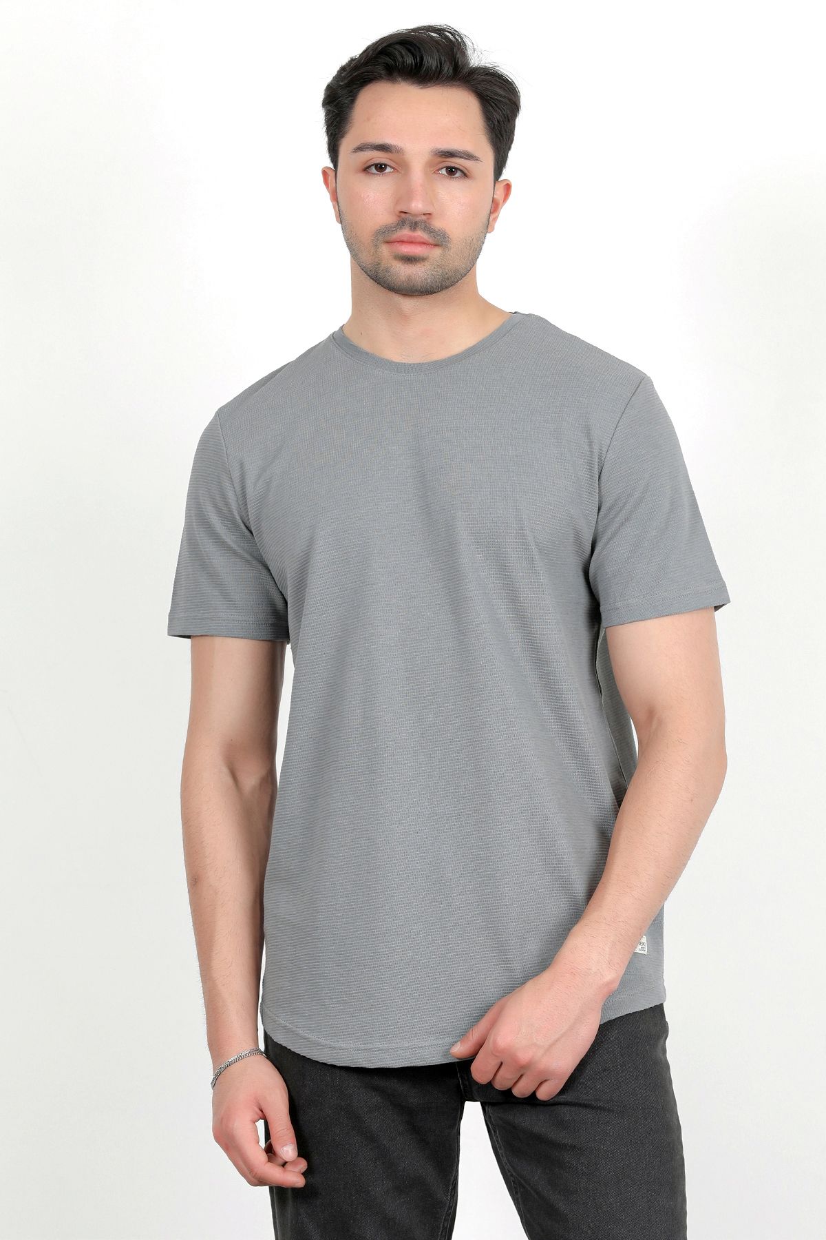 JB John Borners Erkek Bisiklet Yaka Etiket Detaylı Dokulu T-Shirt Açık Haki - 2743