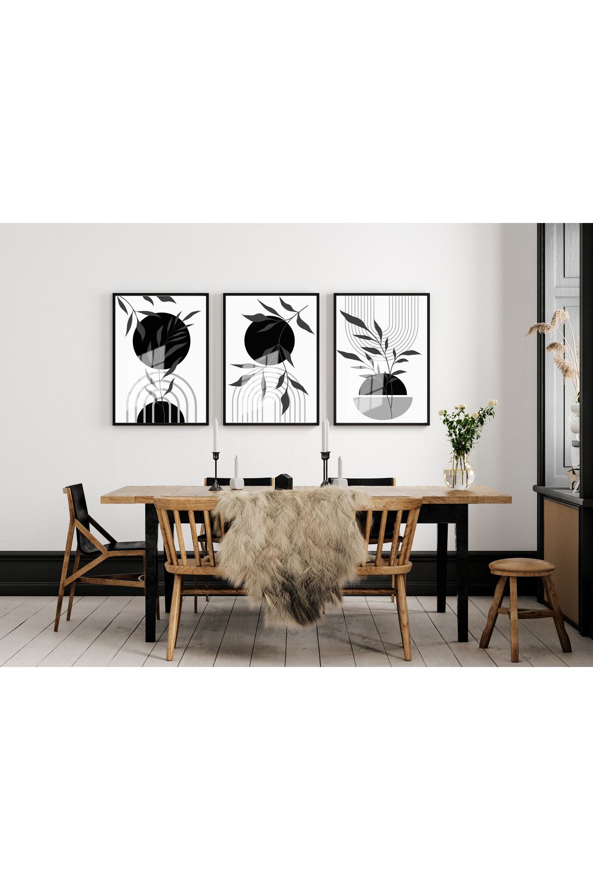bestablo Siyah Gri Boho Çerçeveli Ahşap Tablo Seti, Ev Dekoru Bestablo