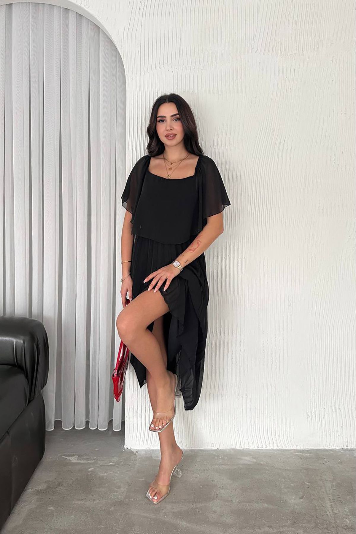XXL BUTİK XXL Butik kadın carmen yaka pileli midi boy astarslı şifon elbise X-NBK4102
