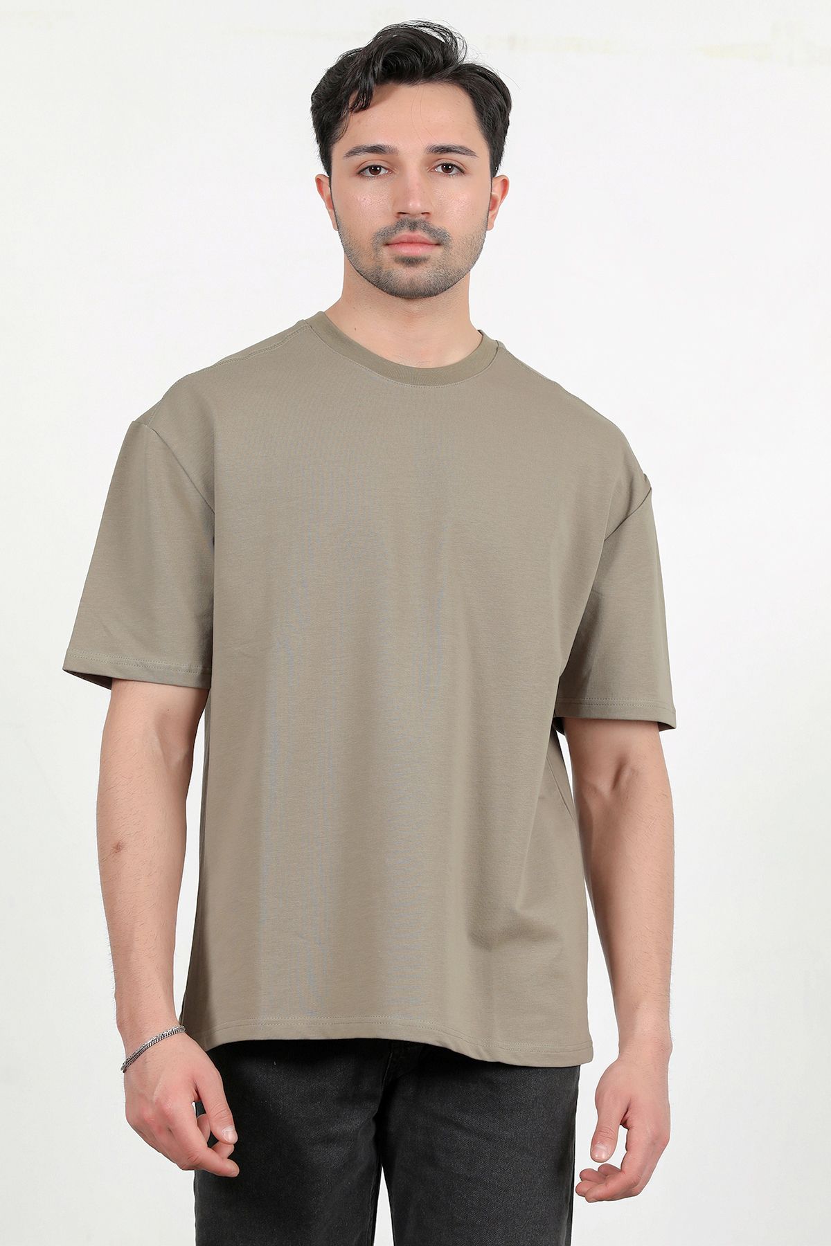 JB John Borners Erkek Bisiklet Yaka Pamuklu Basic Oversize T-Shirt Haki - 2911