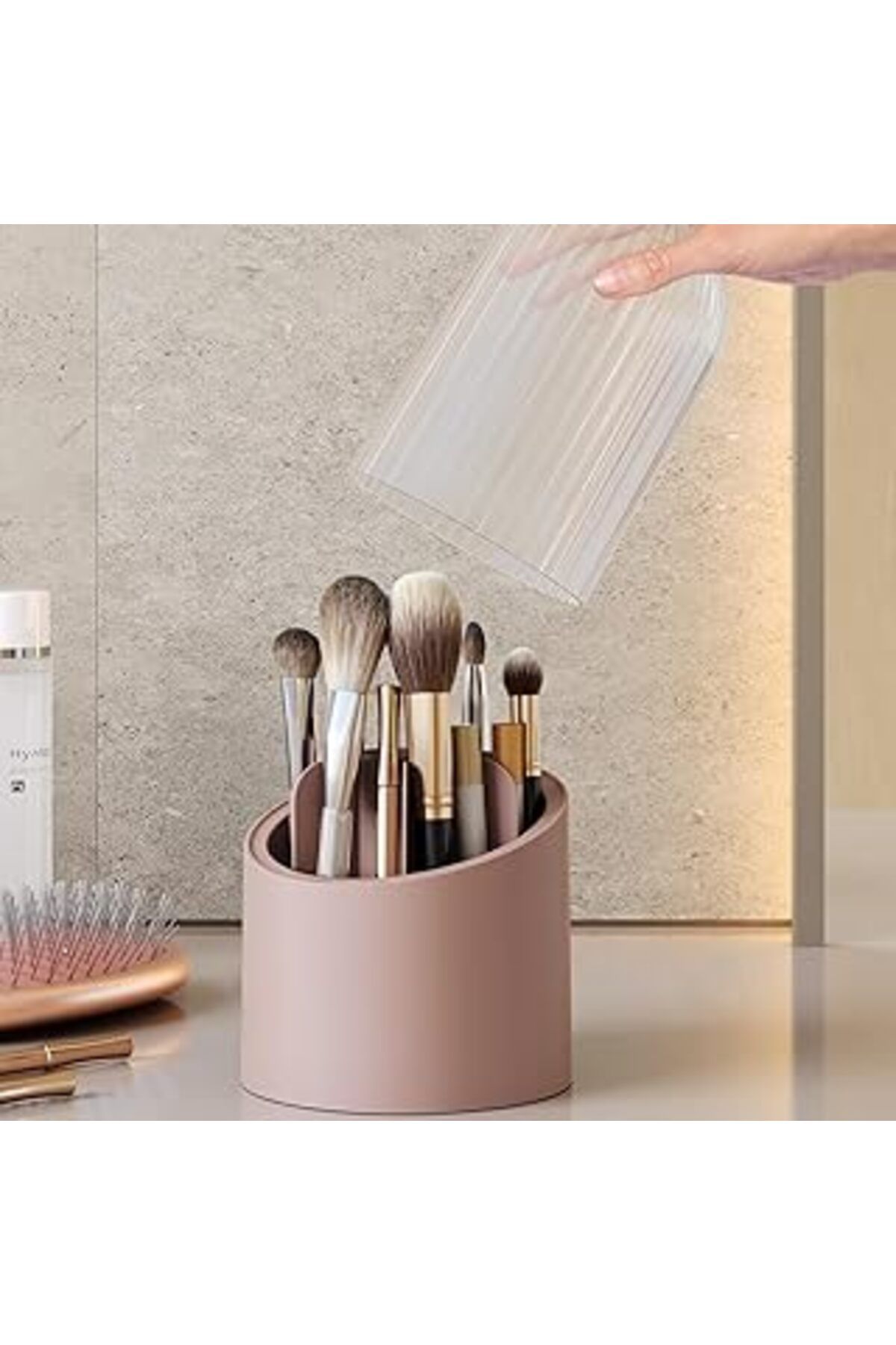 karadağsb Deluxe Makyaj Fırçası Ve Kozmetik Düzenleyici Şeffaf Kapaklı Hijyenik Organizer (Rose Gold)