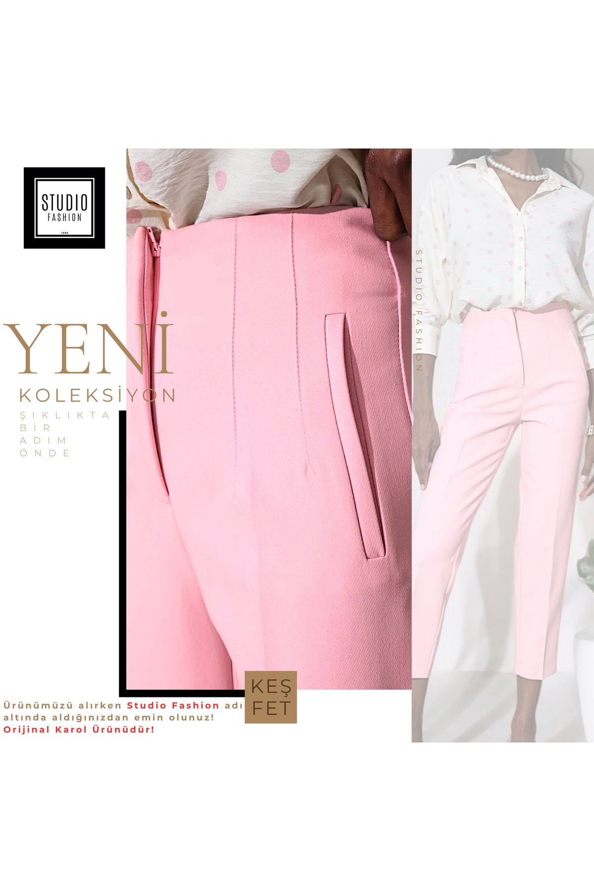studiofashion Kadın Pembe Önü Flatolu Yüksek Bel Zr Model Kumaş Pantolon