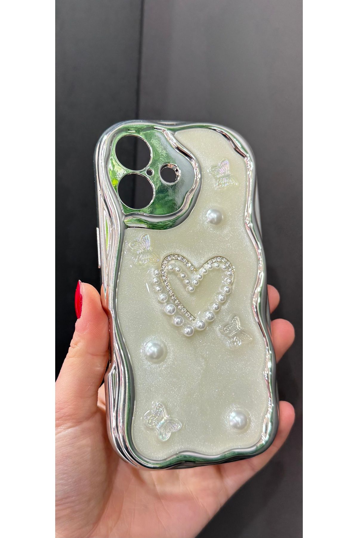 ABAS İPhone 16 incili zarif taşlı kalpli kılıf