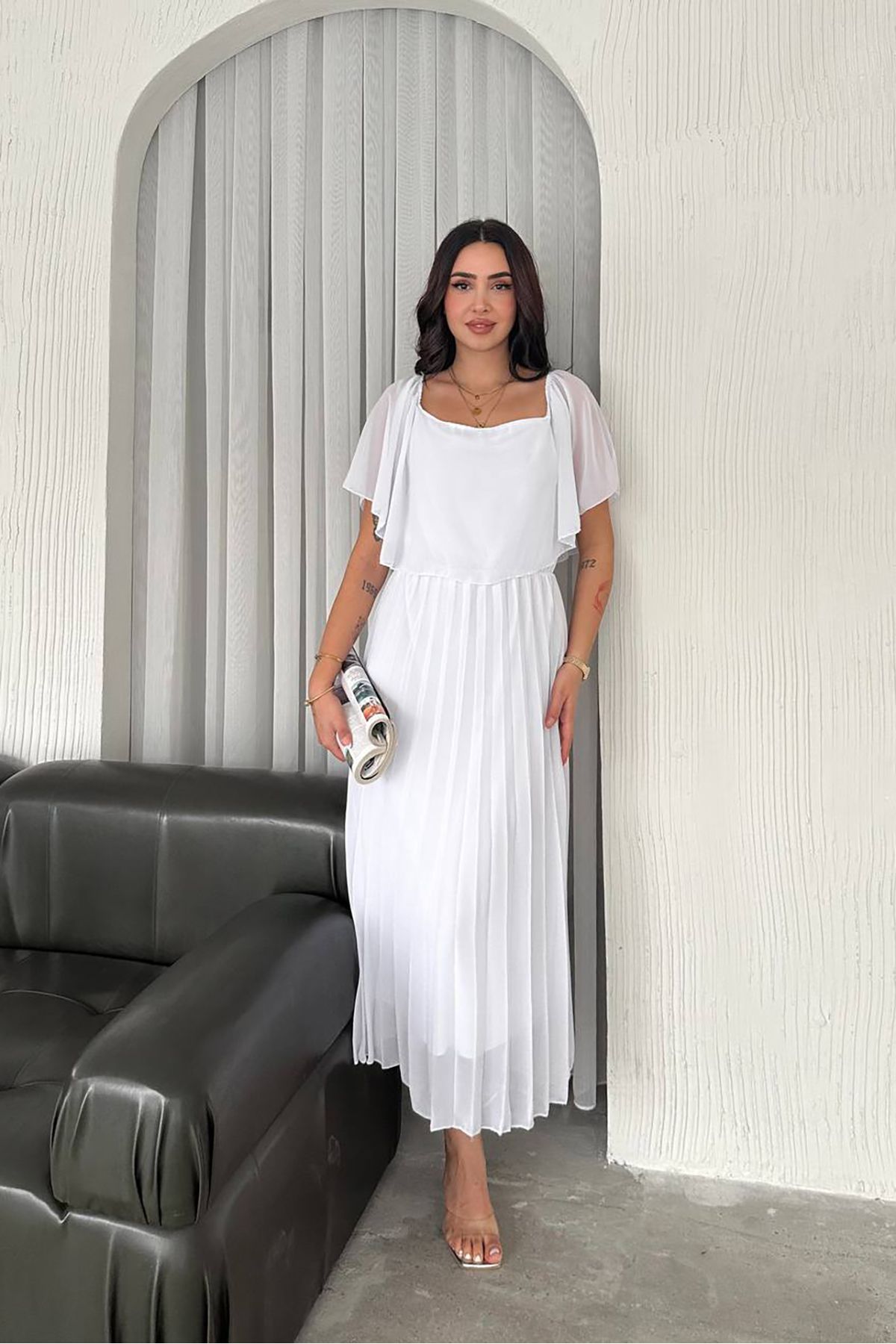 XXL BUTİK XXL Butik kadın carmen yaka pileli midi boy astarslı şifon elbise X-NBK4102