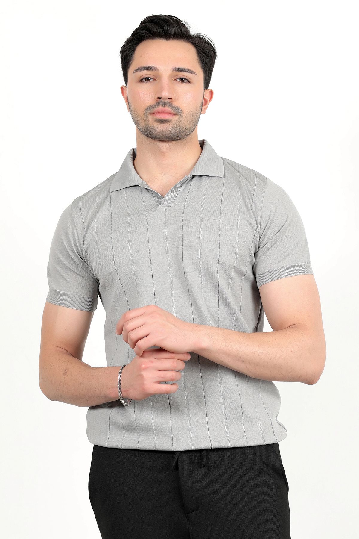 JB John Borners Erkek Polo Yaka Kısa Kol Çizgili Triko T-Shirt Gri - 2503