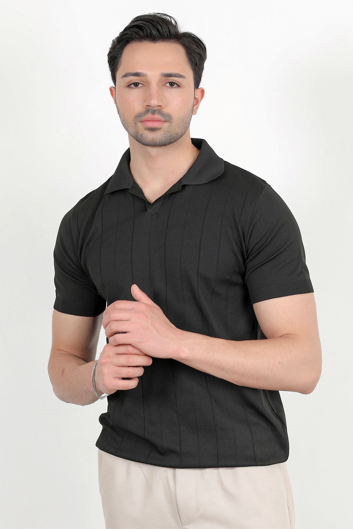 JB John Borners Erkek Polo Yaka Kısa Kol Çizgili Triko T-Shirt Siyah - 2503