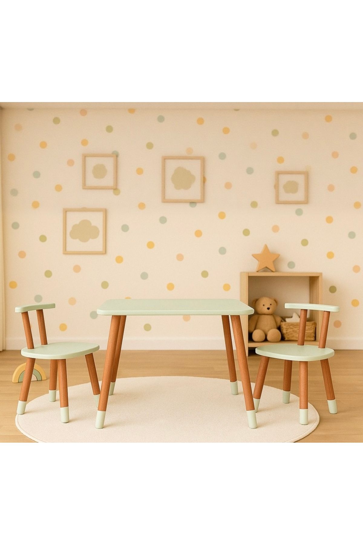 WOODNOX Ahşap Montessori Çocuk Oyun Etkinlik Çalışma Masası Ve Aktivite Masası 2 Sandalye 1 Masa