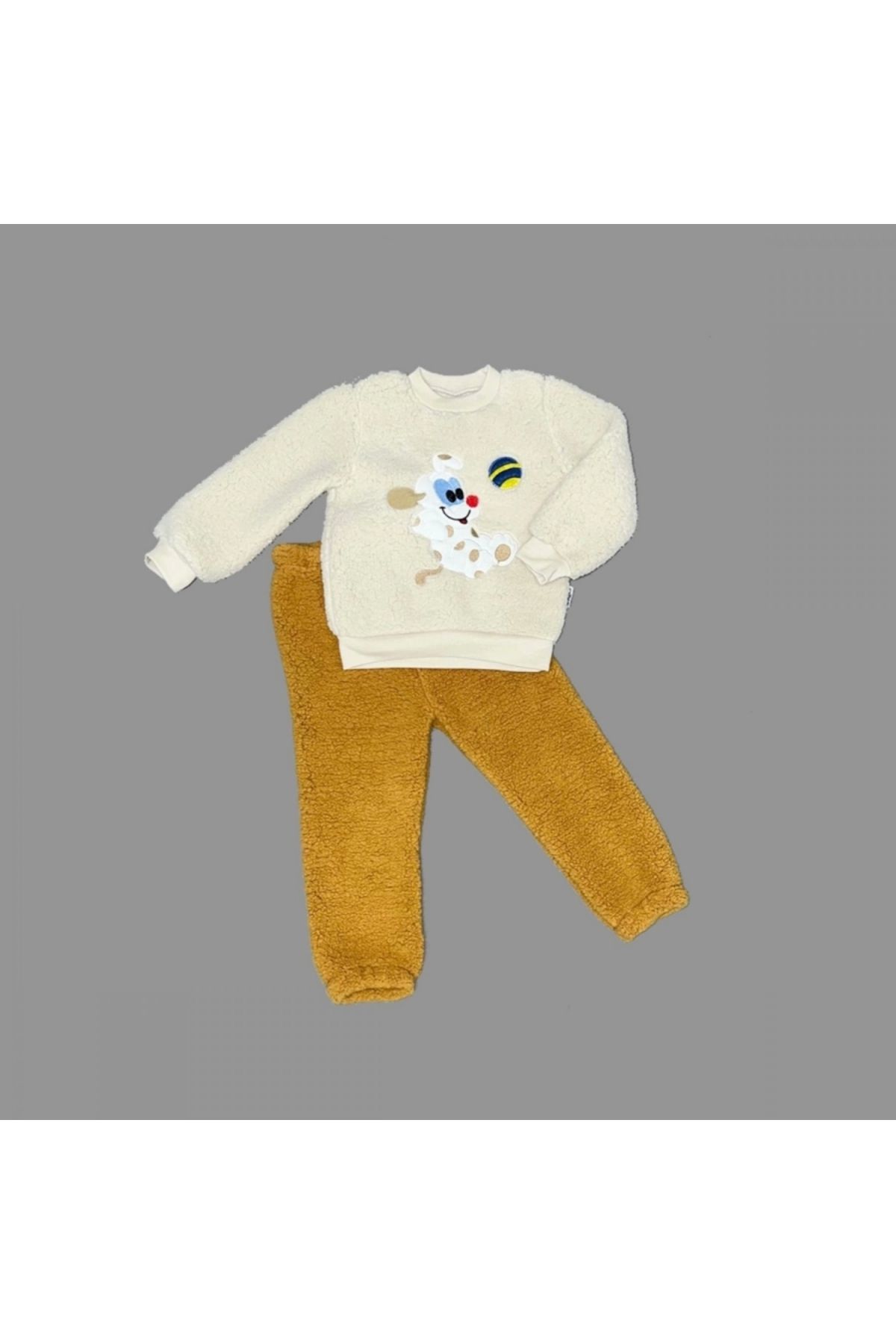 Diji Baby 1-2-3 Yaş Toplu Köpek Nakışlı Kuzu Kumaş Sweat Pantolonlu Uzun Kollu Kız Erkek Bebek Takımı