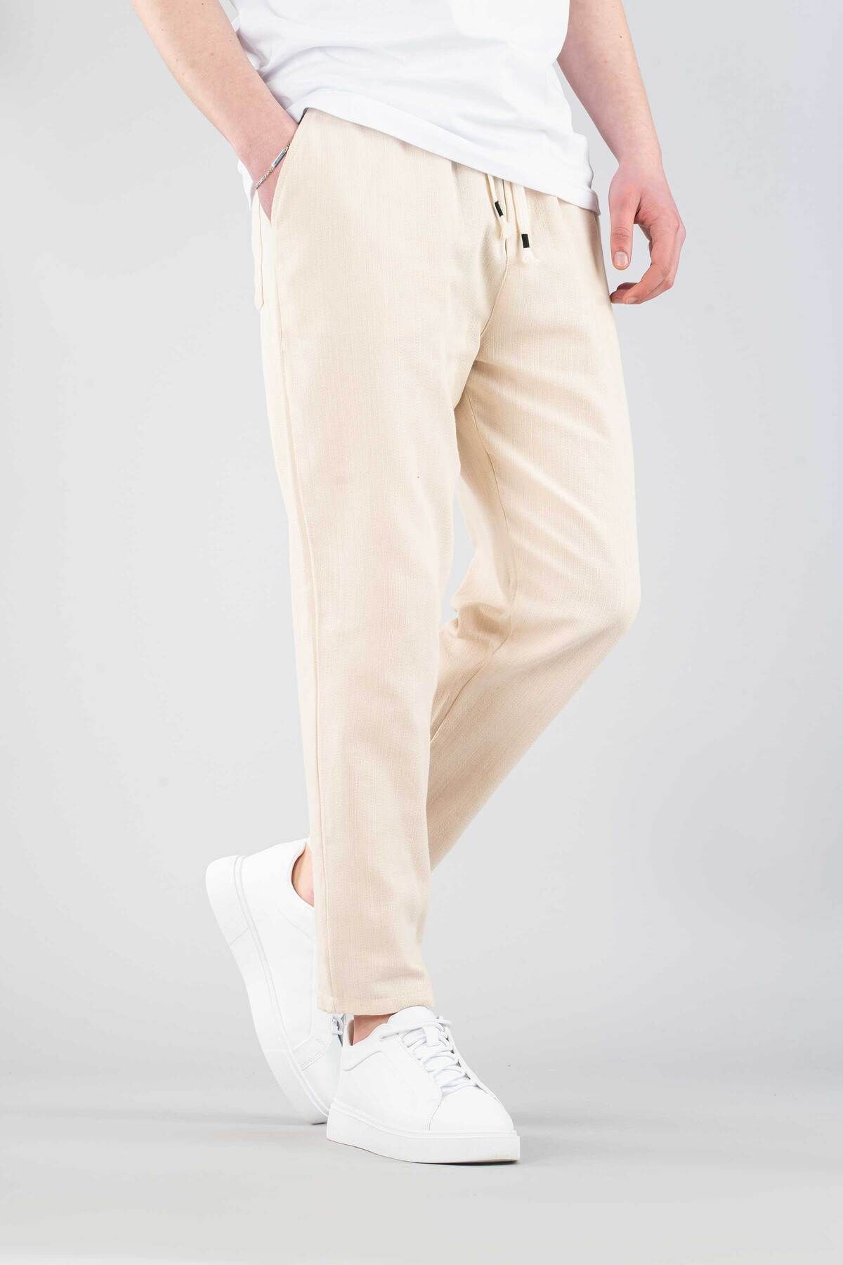 bombe-Men's Beige Casual Linen Boyfirend Pants Elastic Waist Drawstring Jogger Trousers 3