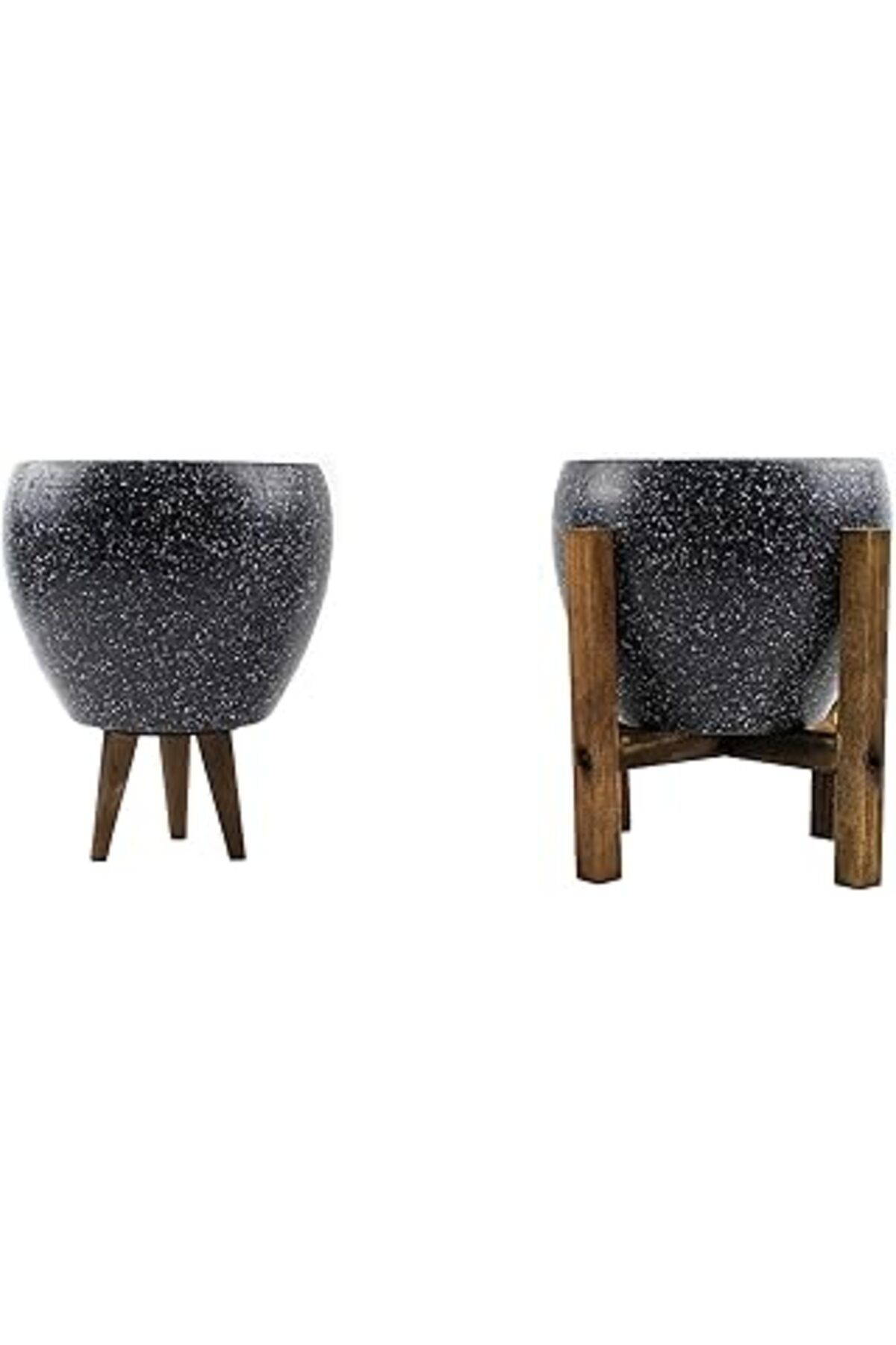 Mu Art Ahşap Bitki Tasarımı Ev Dekorasyon Gri Granit Toprak Saksı Saksılık Salon Çiçeklik İkili Set 3 Ayaklı- 4