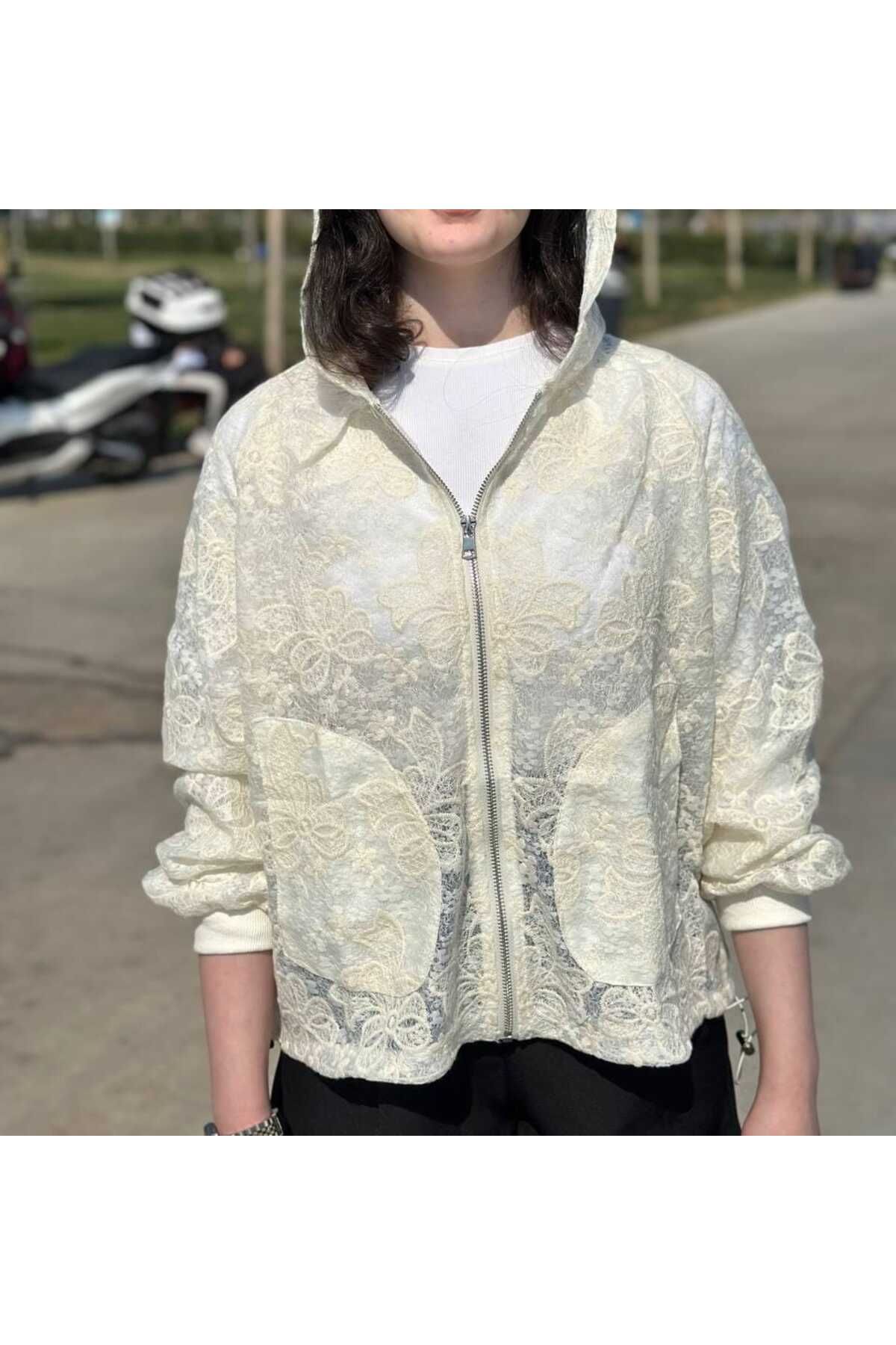 rüyayı RÜYAYI kadın denteli krem rengi cepli stander ceket