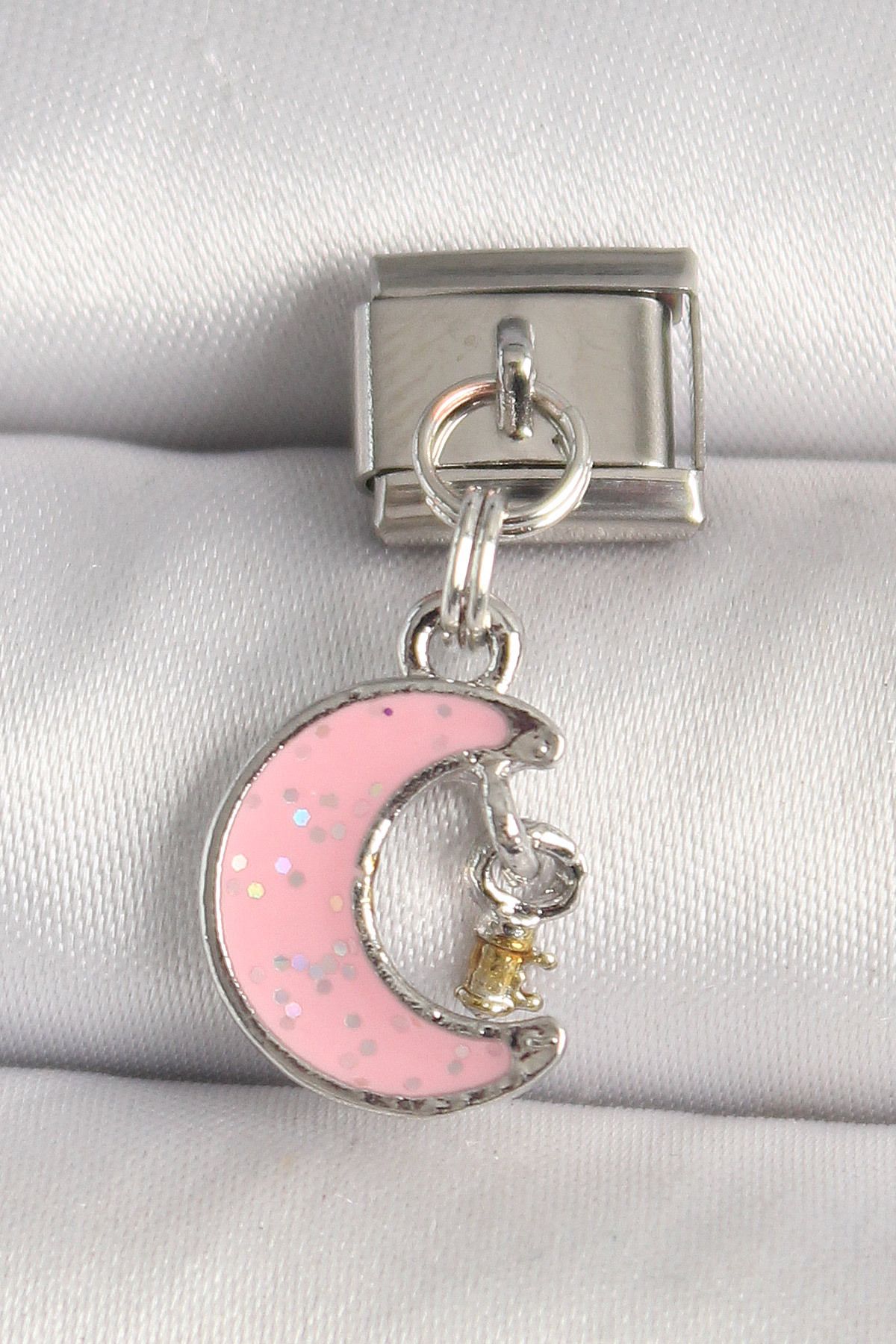 MAYAS 316L Çelik Gümüş Renk Pembe Simli Hilal Model Sallantı Detay Nomination Charm
