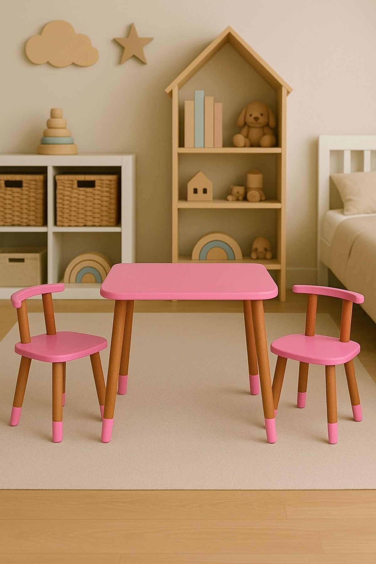 WOODNOX AHŞAP MONTESSORİ ÇOÇUK OYUN ETKİNLİK ÇALIŞMA MASASI VE AKTİVİTE MASASI 2 SANDALYE 1 MASA