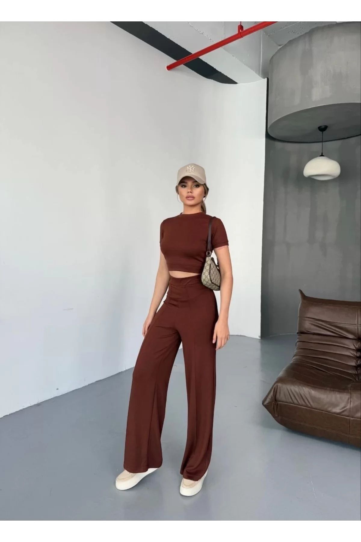MERSSE Osy Modal Yumuşak Dokulu Kumaş Kısa Kollu Crop Rahat Pantalon ikili Takım