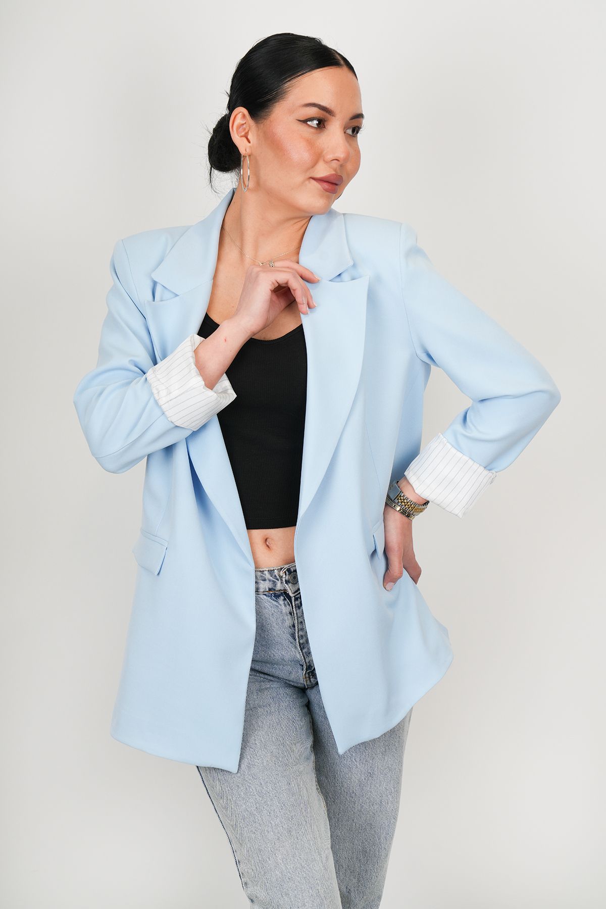 stilsepeti Kadın Mavi Astarı Çizgili Çift Cepli Premium Blazer Ceket DRL-1000540020