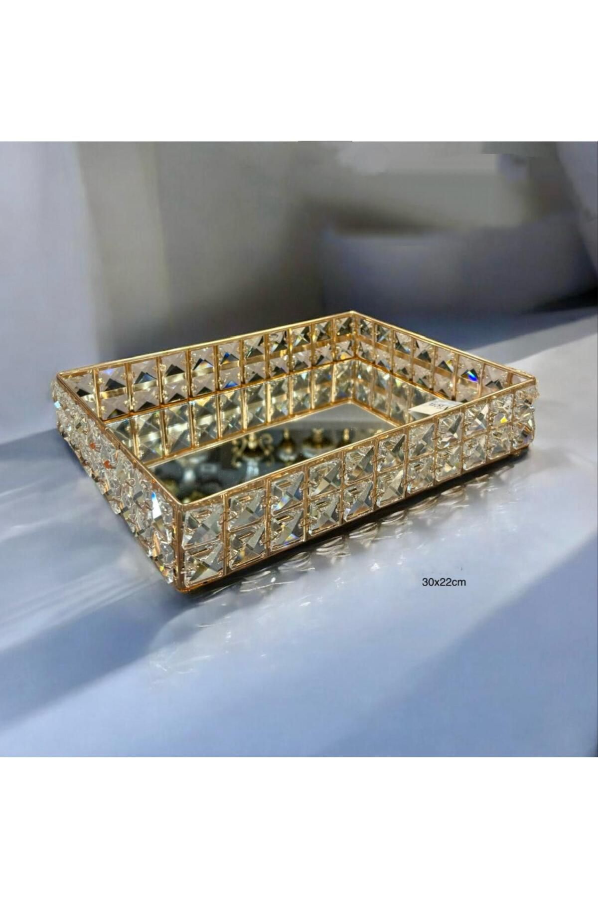 decovien KRİSTAL TAŞLI METAL AYNALI TEPSİ