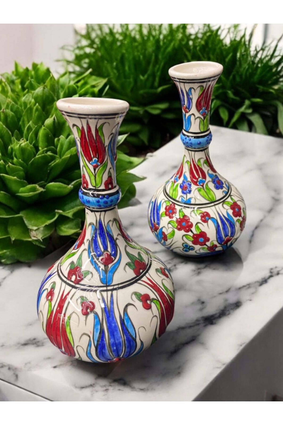 Loremp Hediyelik Dekoratif El Boyaması Lale Desenli Seramik Vazo Osmanlı Tarzı Dekoratif Çini Vazo 2 Adet