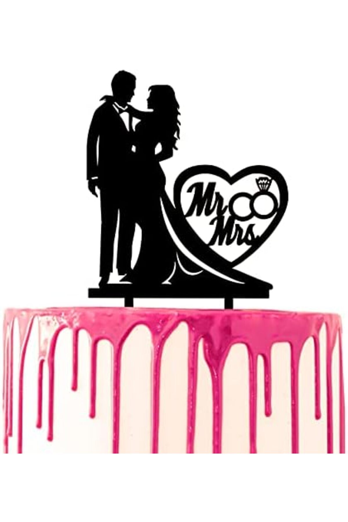 Generic-Acrylic Wedding Cake Topper, Groom and Bride Hug with Mr & Mrs, Heart and Wedding Rings Design 1
